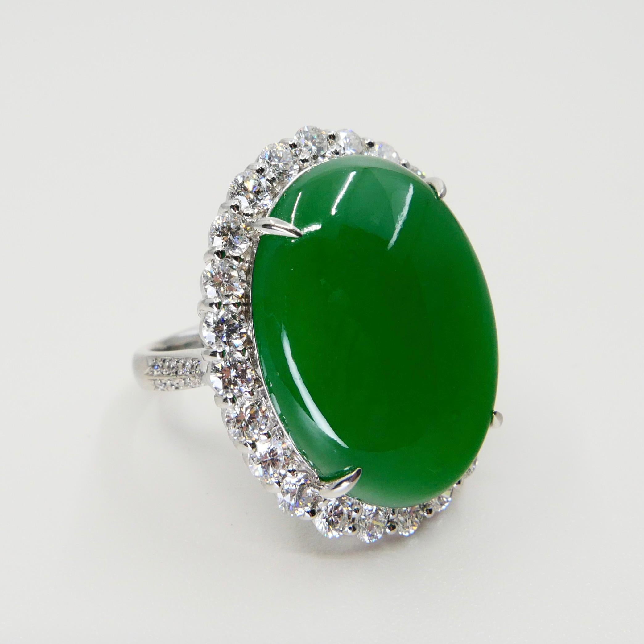 Certified 21 Cts Jade & Diamond Cocktail Ring, Intense Apple Green, Massive 11