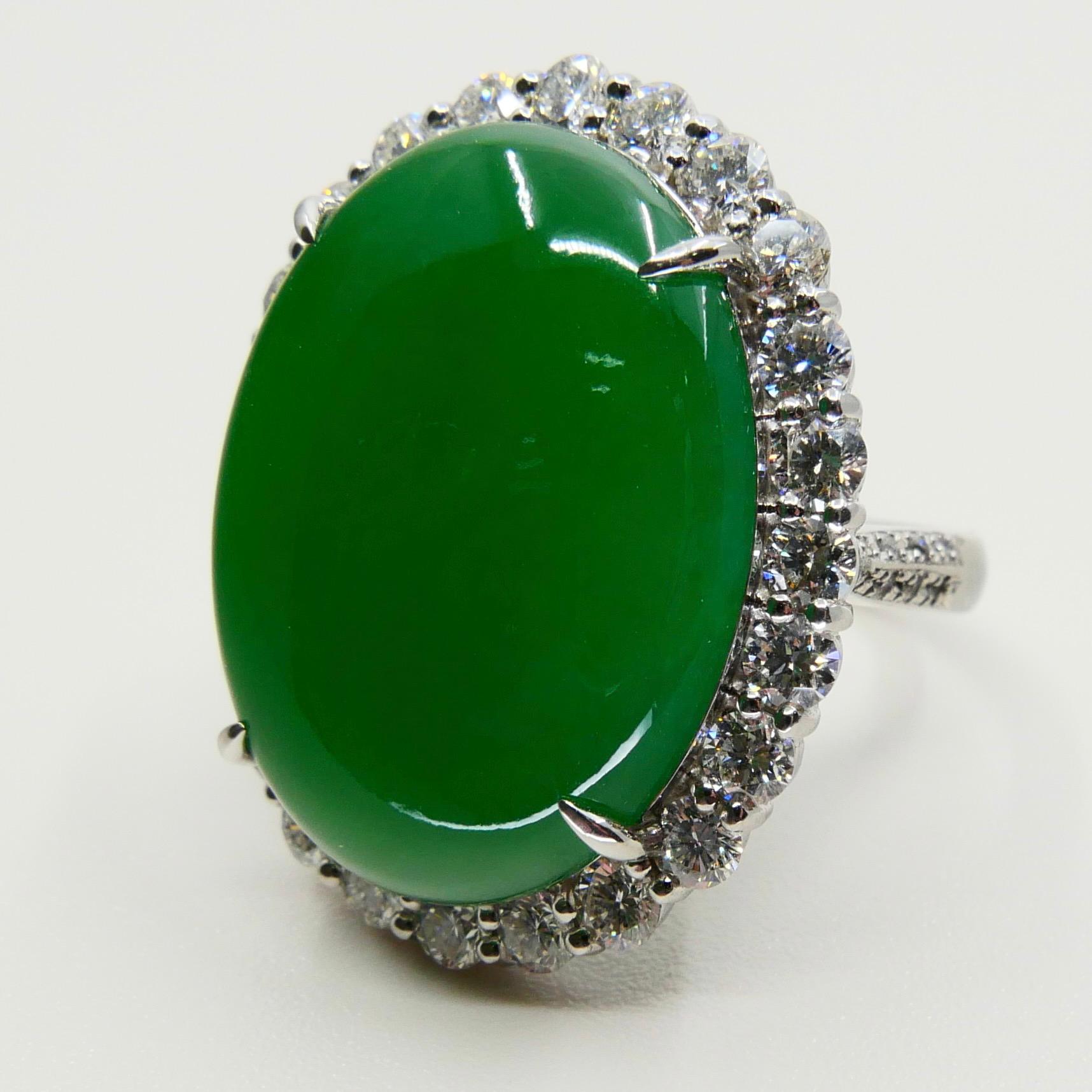 Contemporary Certified 21 Cts Jade & Diamond Cocktail Ring, Intense Apple Green, Massive