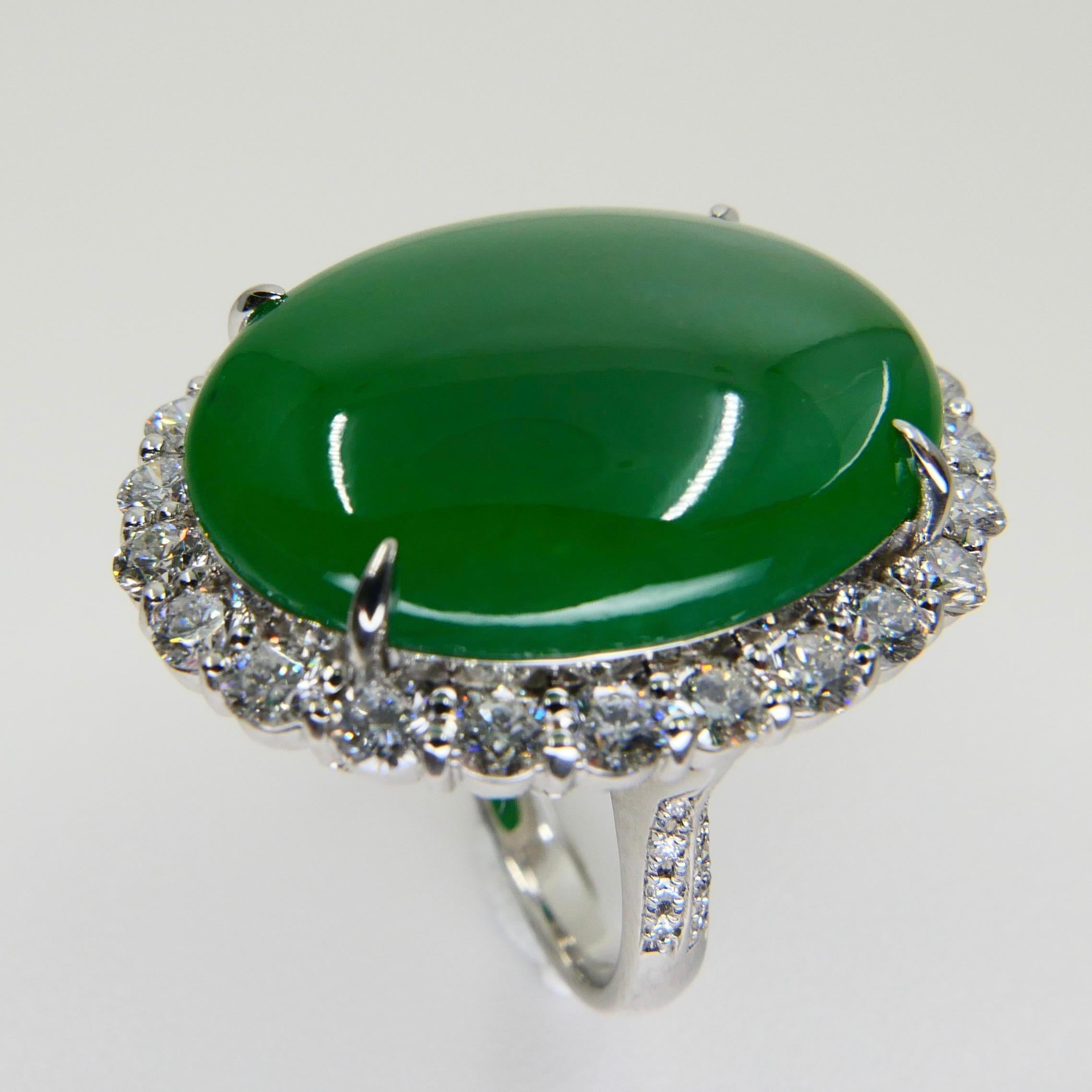 Oval Cut Certified 21 Cts Jade & Diamond Cocktail Ring, Intense Apple Green, Massive