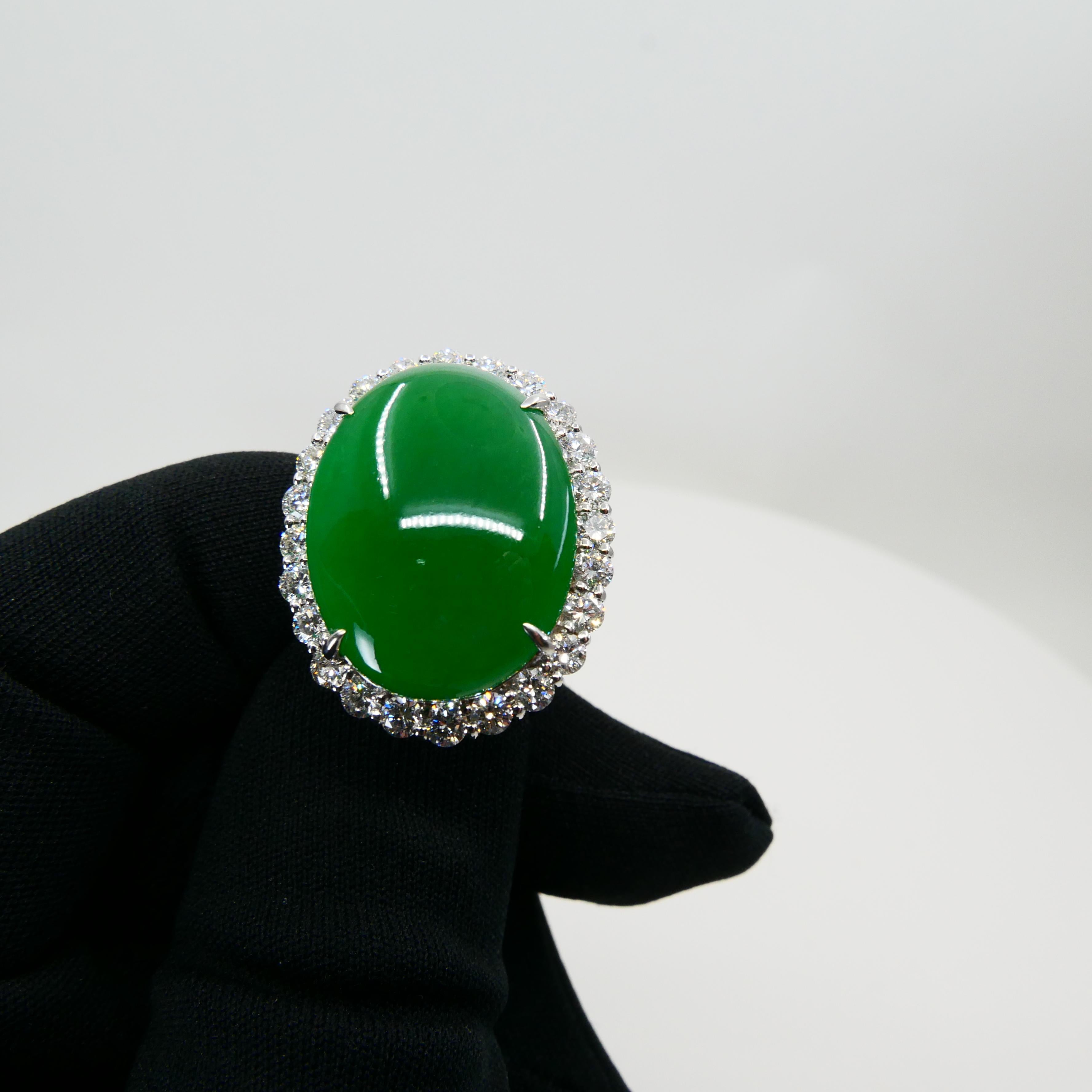 Women's Certified 21 Cts Jade & Diamond Cocktail Ring, Intense Apple Green, Massive