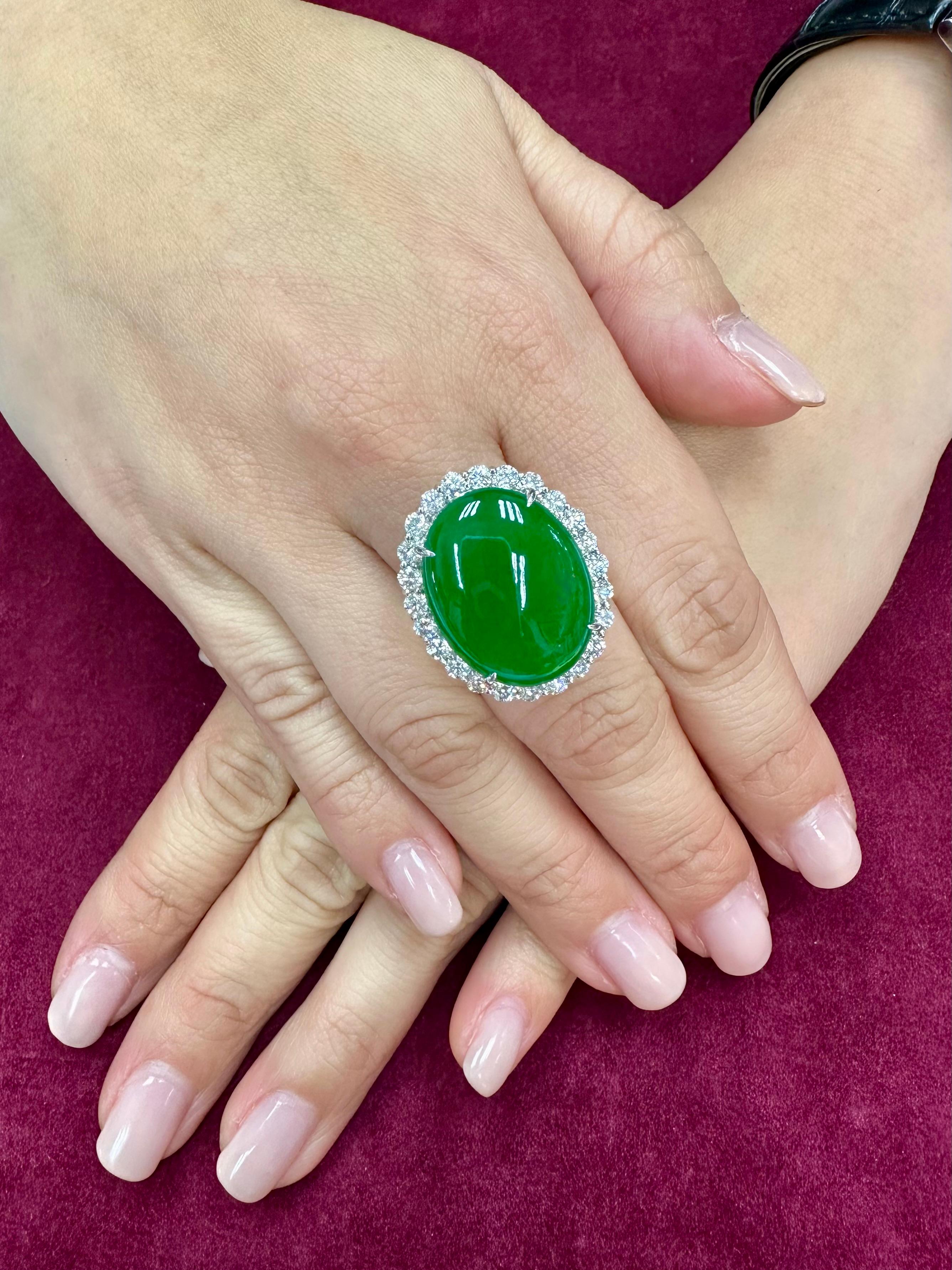 Certified 21 Cts Jade & Diamond Cocktail Ring, Intense Apple Green, Massive 1