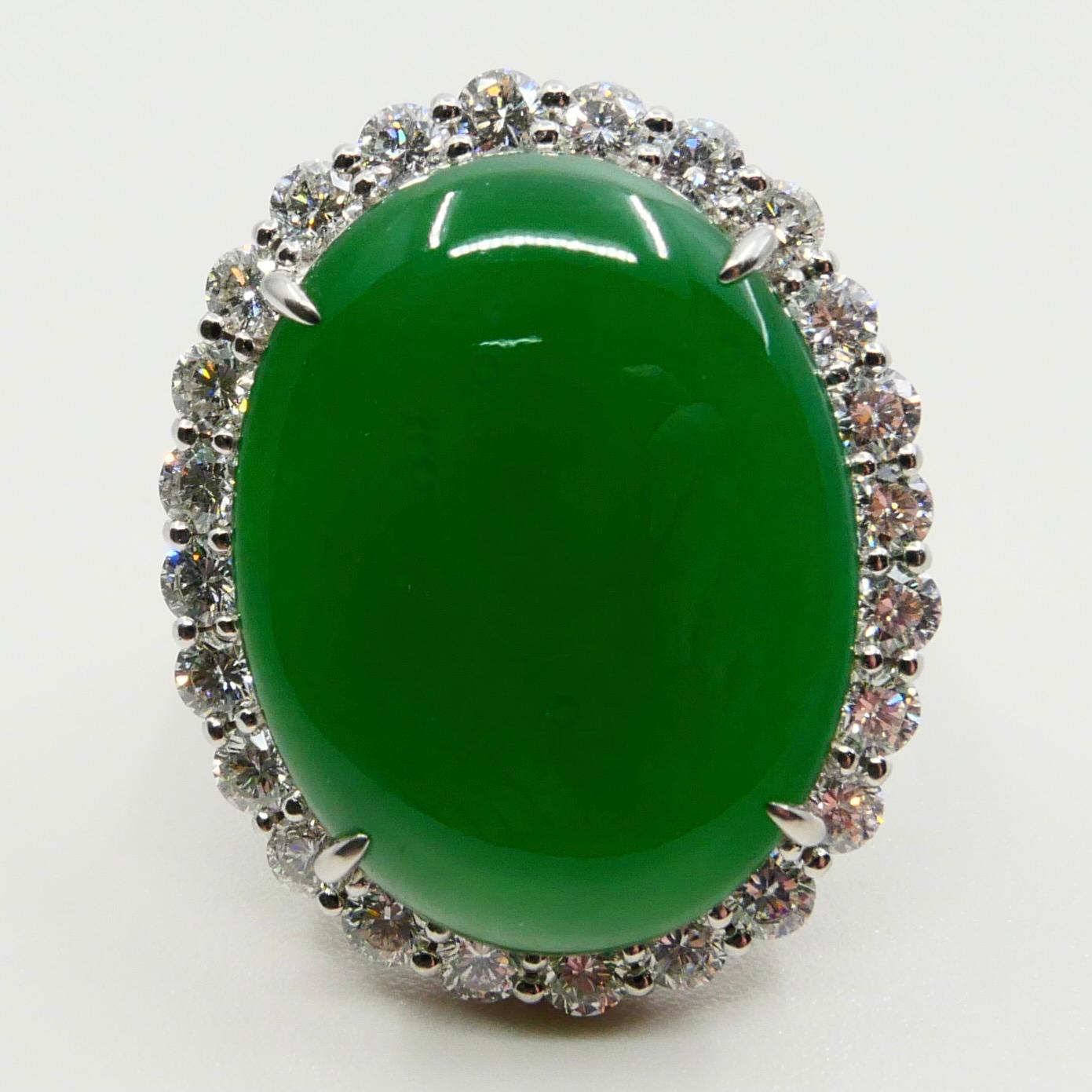 Certified 21 Cts Jade & Diamond Cocktail Ring, Intense Apple Green, Massive 2