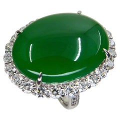 Certified 21 Cts Jade & Diamond Cocktail Ring, Intense Apple Green, Massive