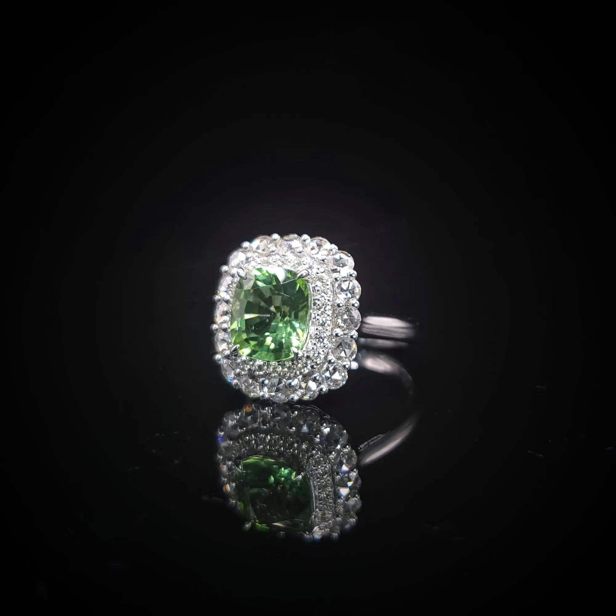 Certified 2.10 Carat Burmese Peridot & Diamond Ring in 18K White Gold For Sale 4
