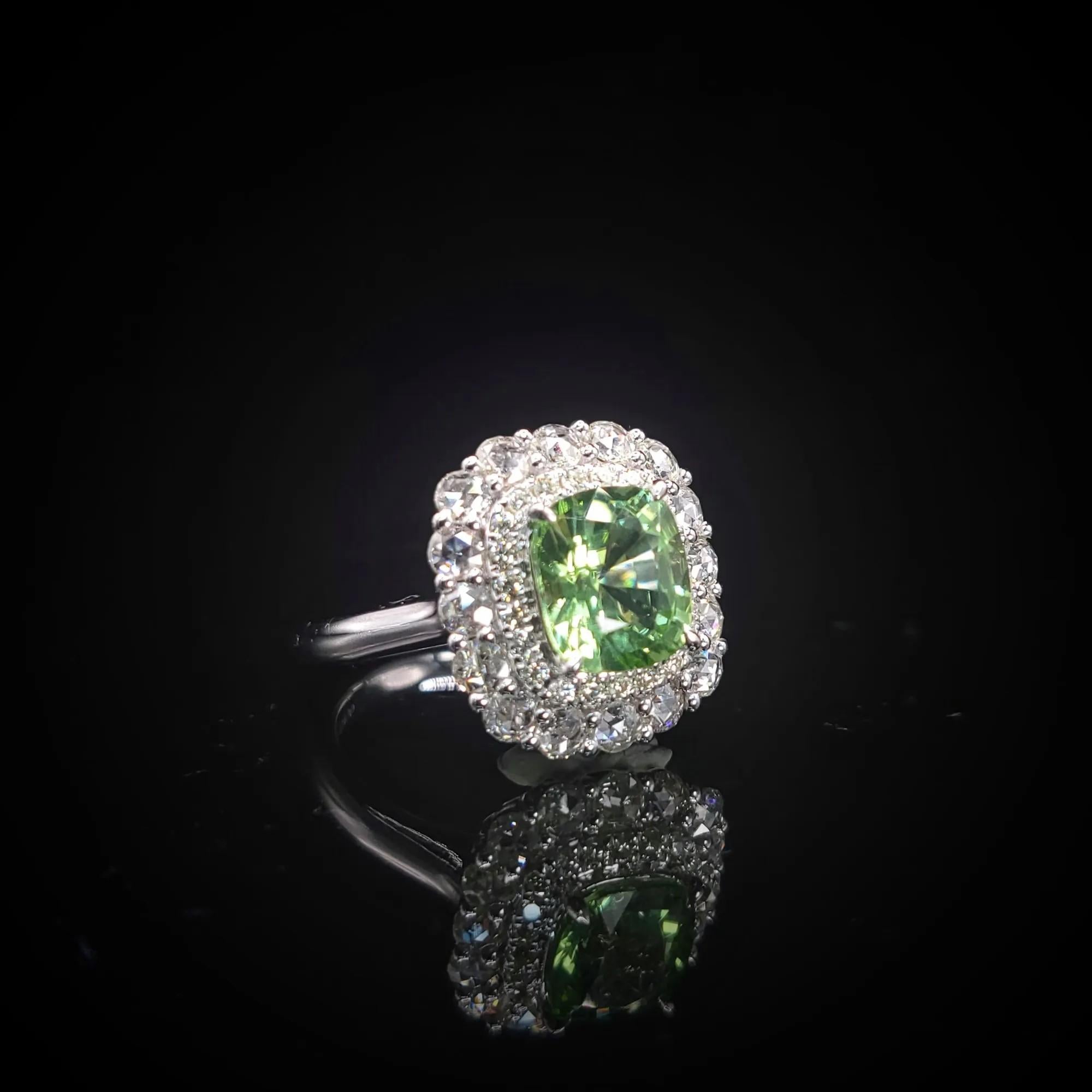 Certified 2.10 Carat Burmese Peridot & Diamond Ring in 18K White Gold For Sale 5