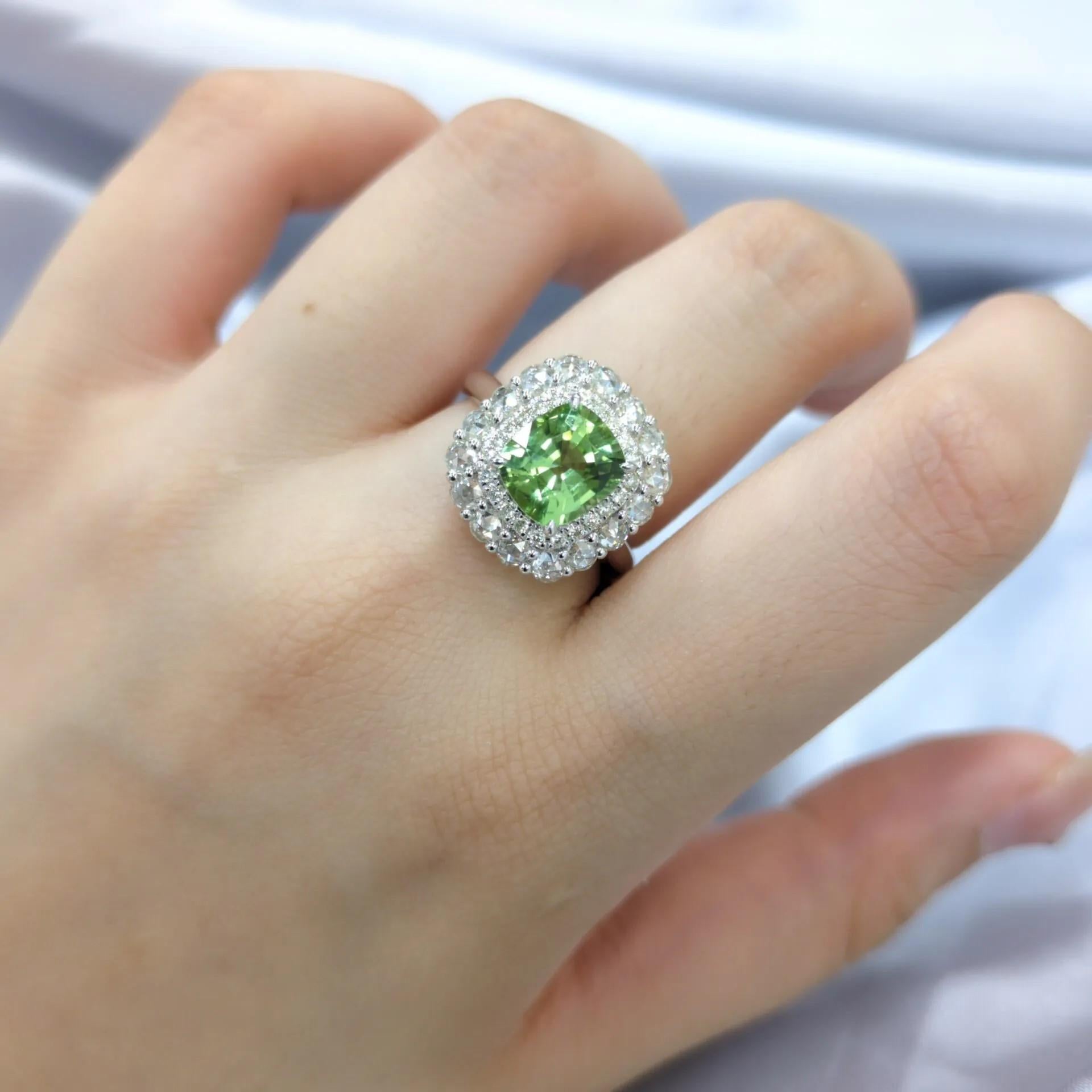 Modern Certified 2.10 Carat Burmese Peridot & Diamond Ring in 18K White Gold For Sale