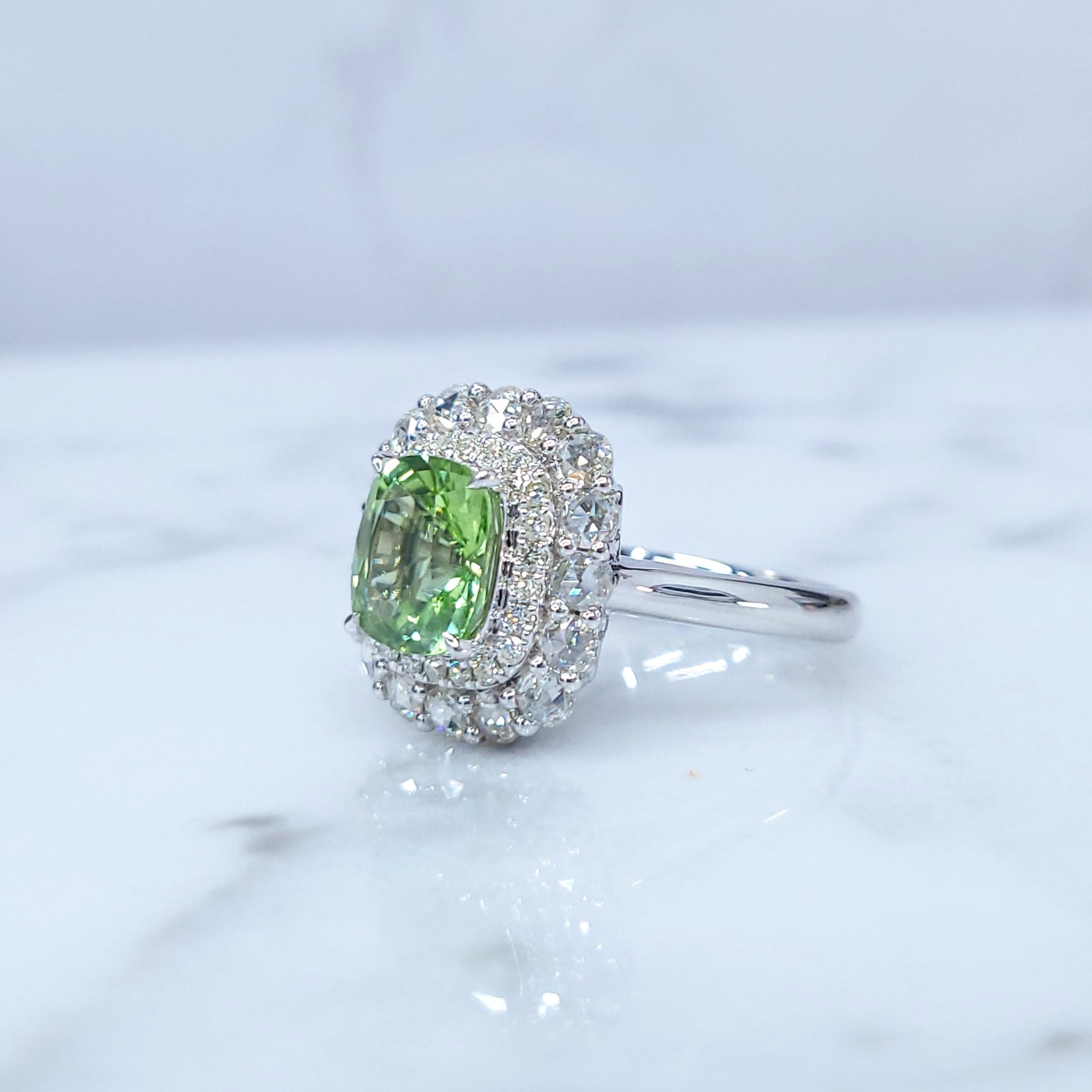 Cushion Cut Certified 2.10 Carat Burmese Peridot & Diamond Ring in 18K White Gold For Sale