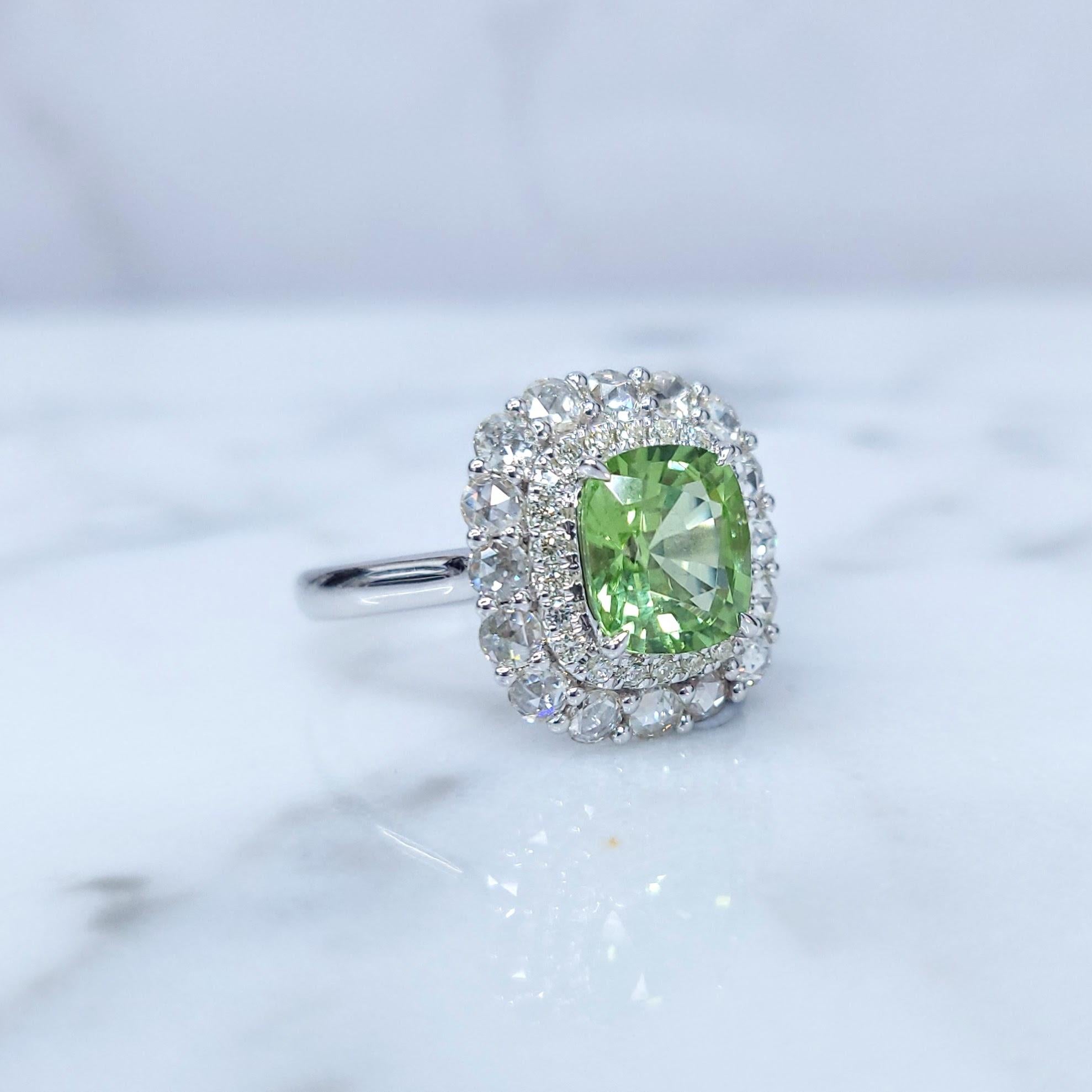 Certified 2.10 Carat Burmese Peridot & Diamond Ring in 18K White Gold For Sale 2