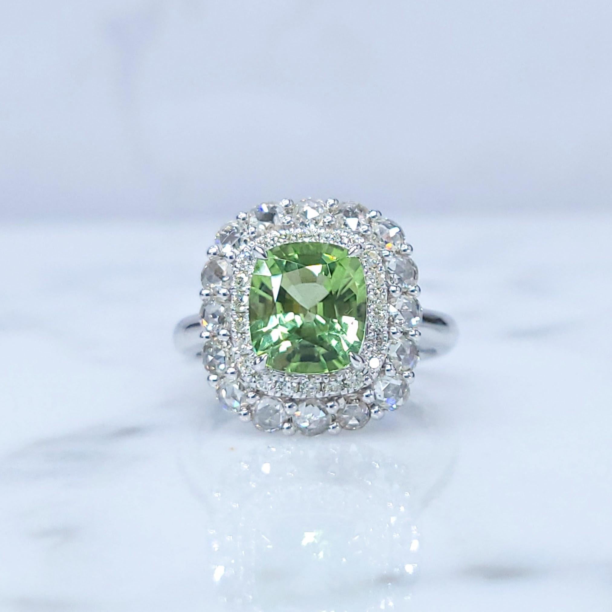 Certified 2.10 Carat Burmese Peridot & Diamond Ring in 18K White Gold For Sale 3