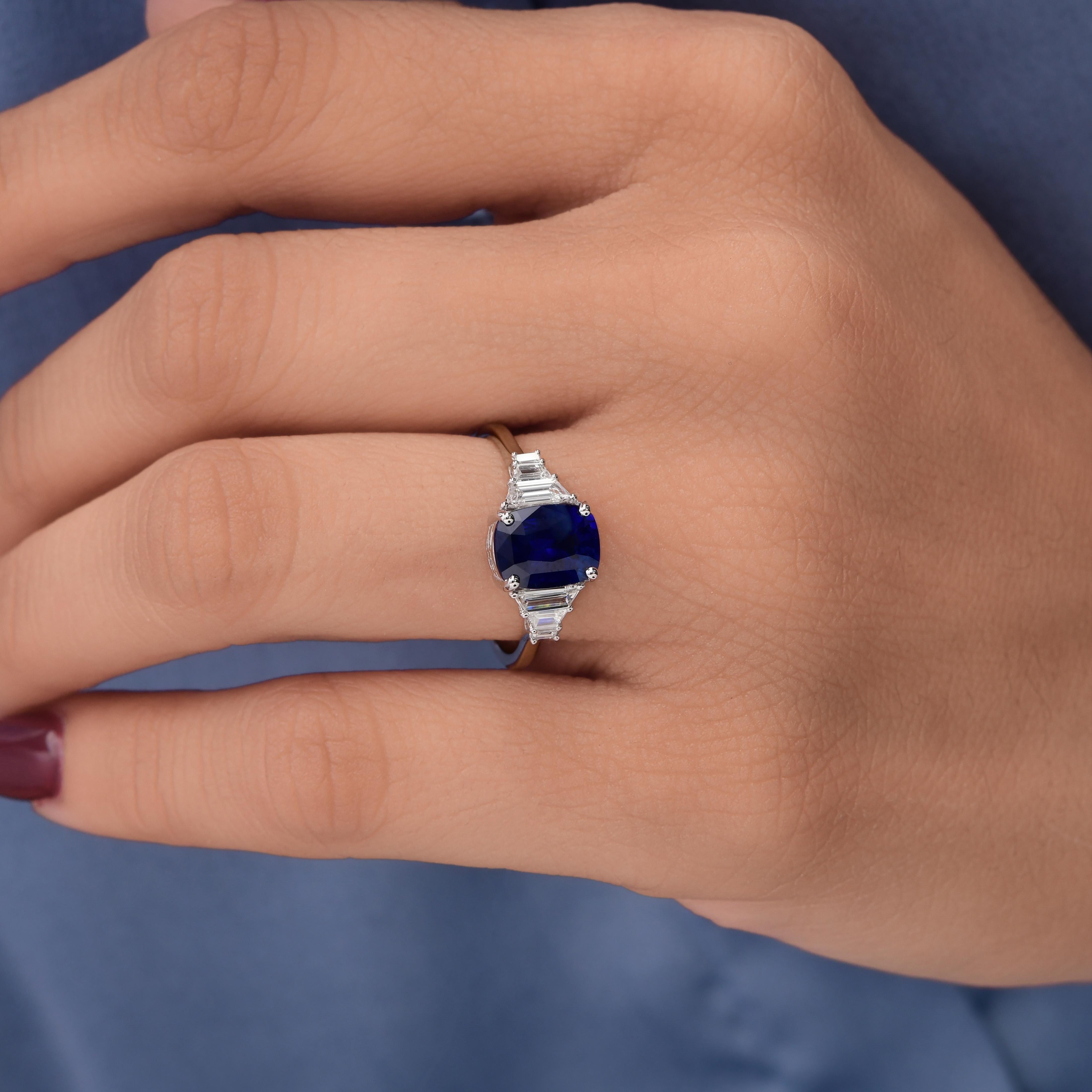 For Sale:  Certified 2.11 Ct Cushion Cut Blue Sapphire and Diamond Cocktail Ring 18k Gold 2