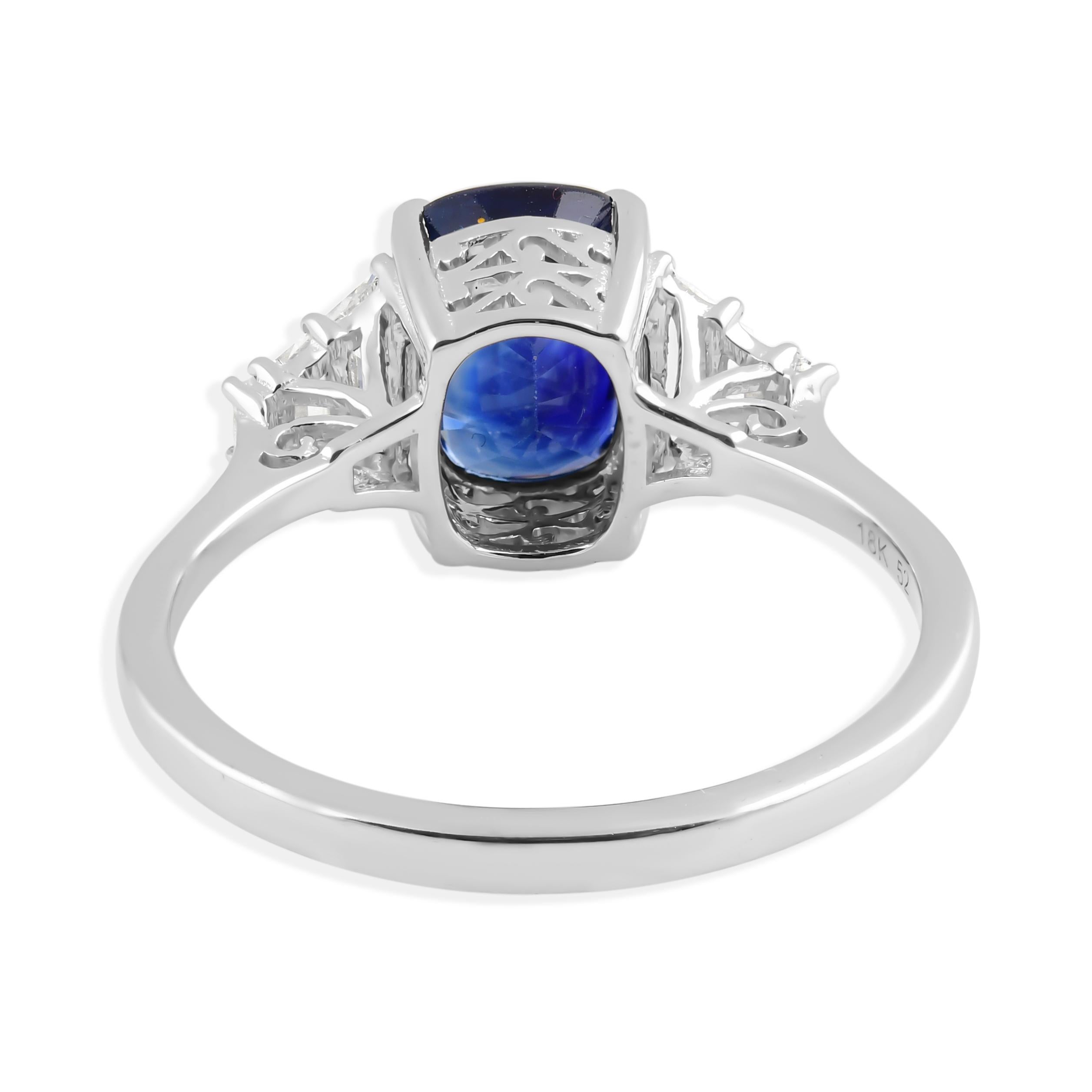 For Sale:  Certified 2.11 Ct Cushion Cut Blue Sapphire and Diamond Cocktail Ring 18k Gold 6