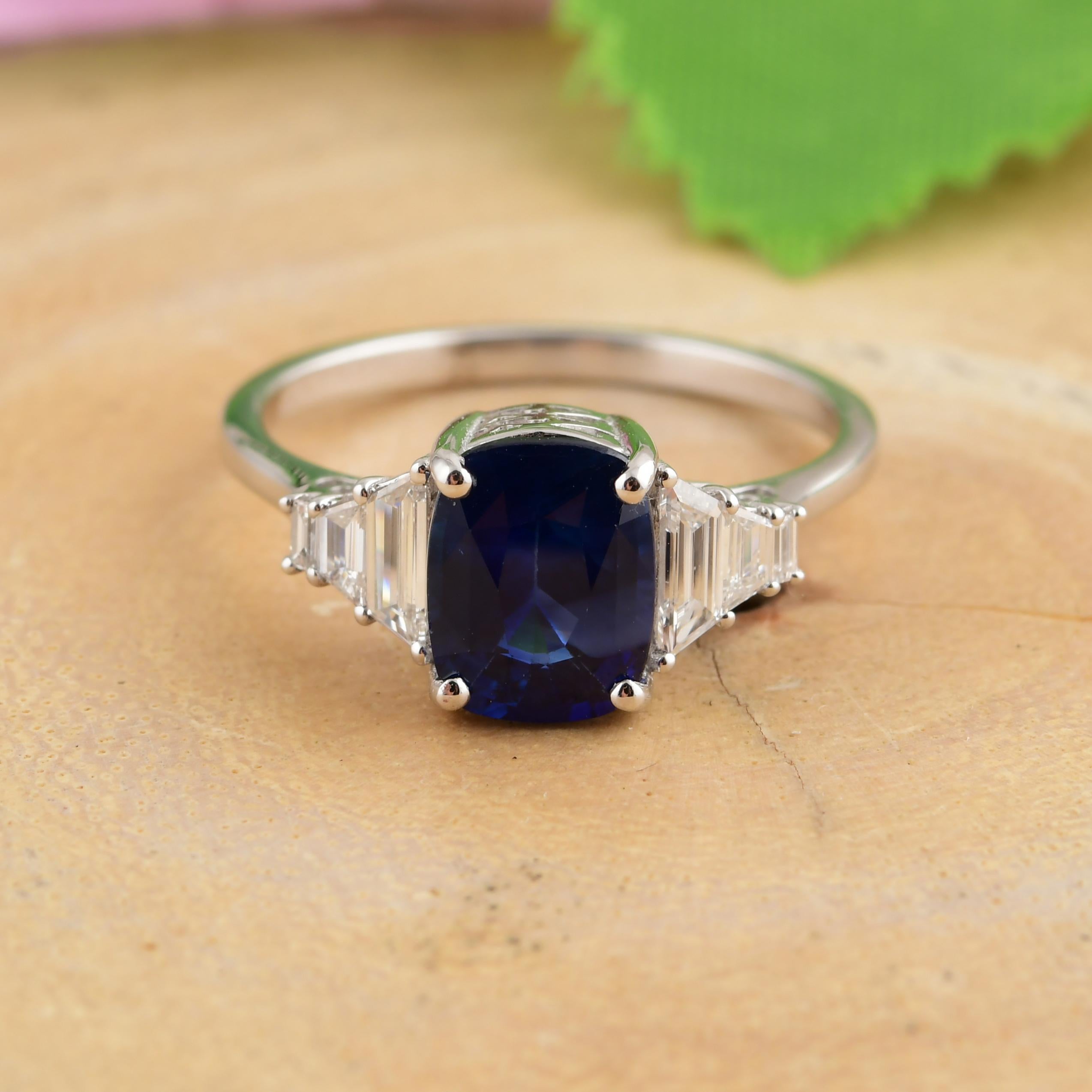 For Sale:  Certified 2.11 Ct Cushion Cut Blue Sapphire and Diamond Cocktail Ring 18k Gold 7