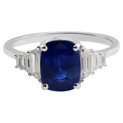 Certified 2.11 Ct Cushion Cut Blue Sapphire and Diamond Cocktail Ring 18k Gold