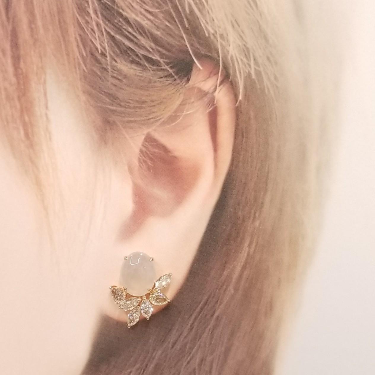 Modern Certified 2.12 Carat Diamond & White Jade (Fei Cui) Earrings in 18K Rose Gold For Sale