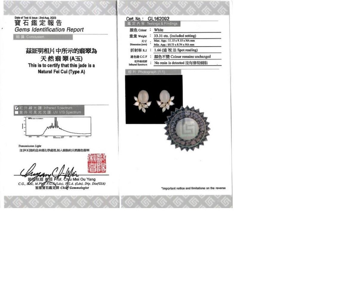 Oval Cut Certified 2.12 Carat Diamond & White Jade (Fei Cui) Earrings in 18K Rose Gold For Sale