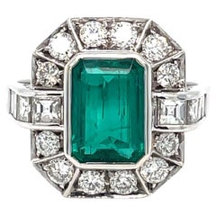 Certified 2.15 Carat Colombian Emerald Art Deco Diamond Platinum Ring