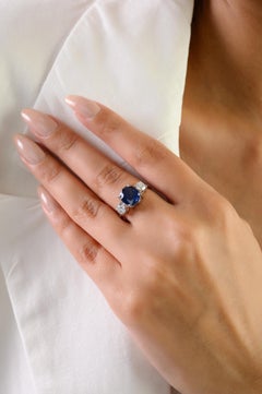 Certified 2.16 Carat Blue Sapphire & Diamond Three-Stone Ring in 18K White Gold
