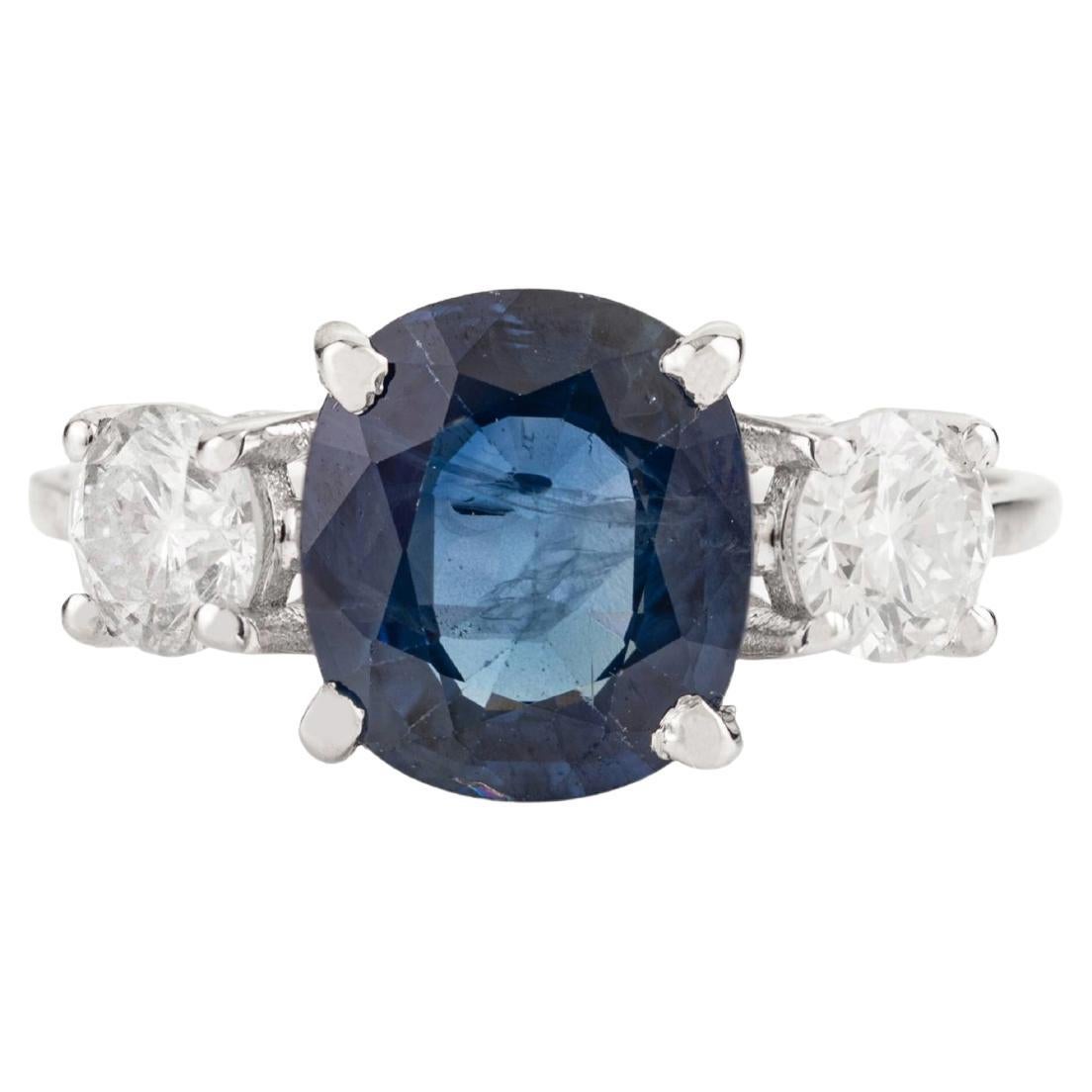 Certified 2.16 Carat Blue Sapphire & Diamond Three-Stone Ring in 18K White Gold