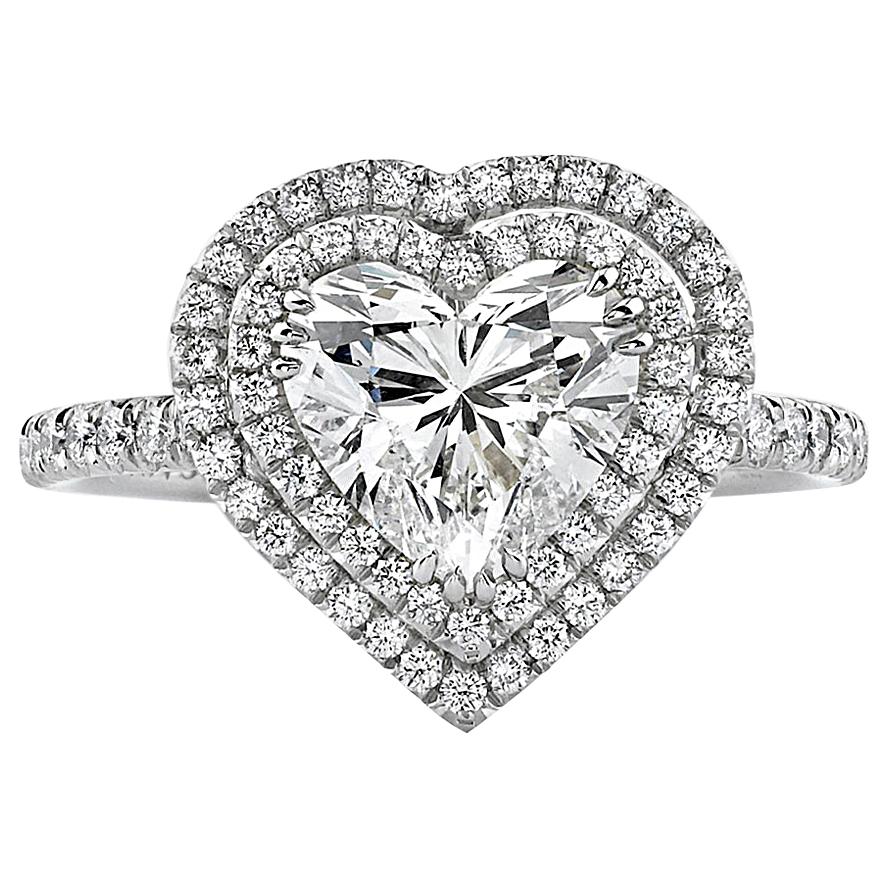 GIA Certified 1.61 Carat Heart Diamond Double Halo Solitaire Ring in 14K Gold For Sale