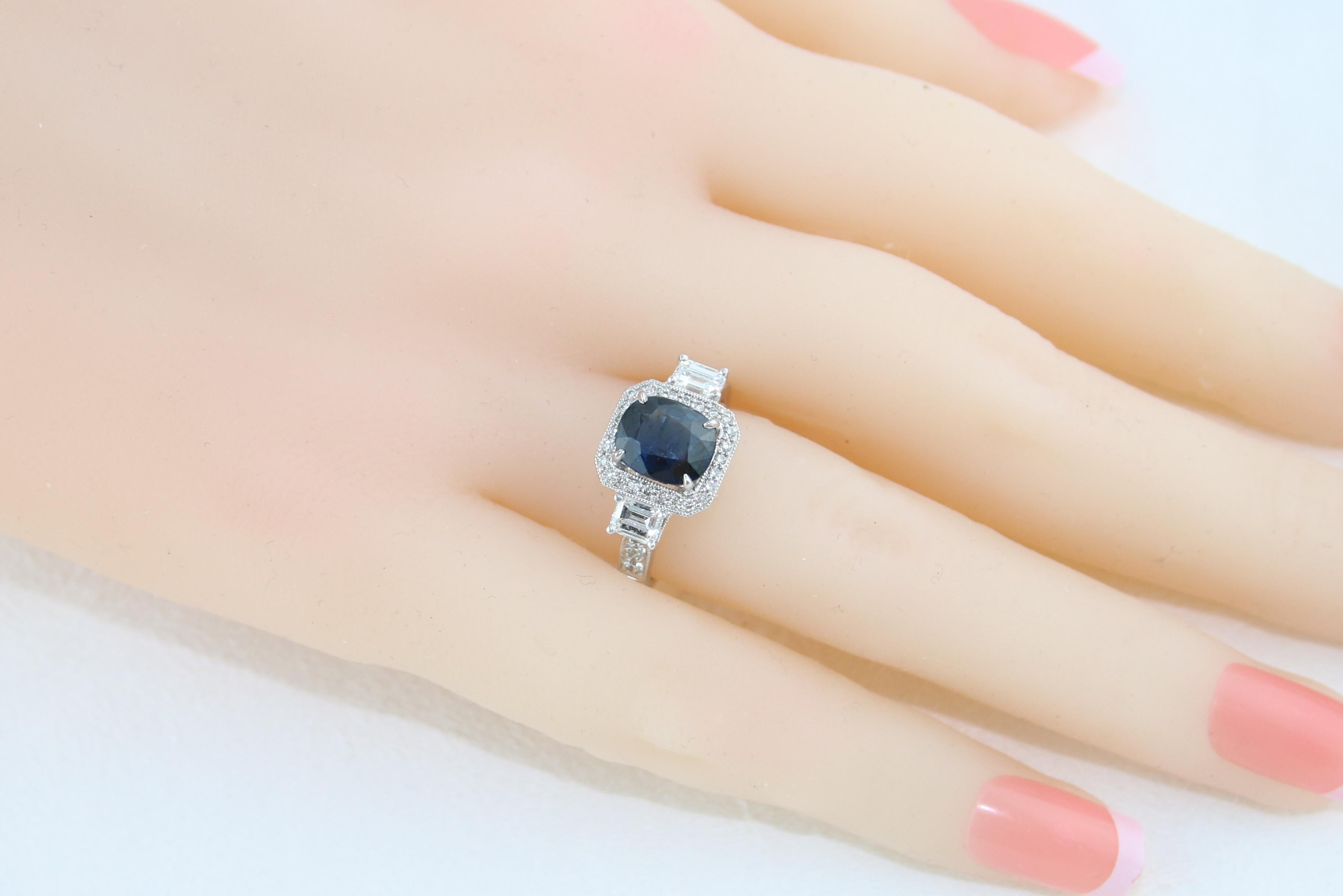 Certified 2.16 Carat No Heat Oval Blue Sapphire Diamond Gold Milgrain Ring For Sale 2