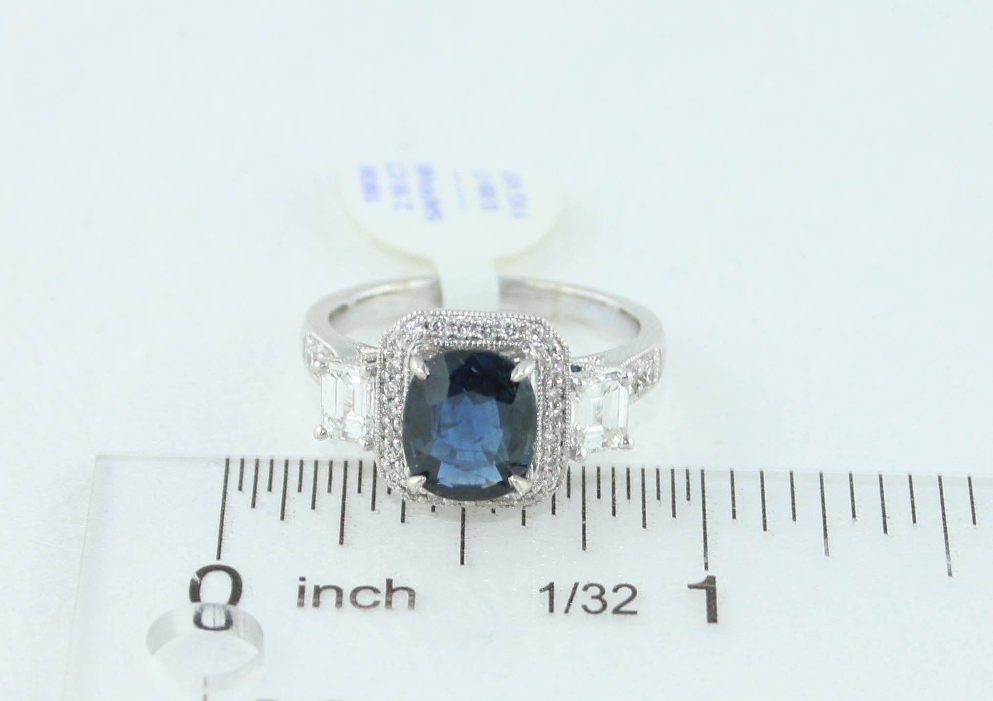 Certified 2.16 Carat No Heat Oval Blue Sapphire Diamond Gold Milgrain Ring For Sale 3
