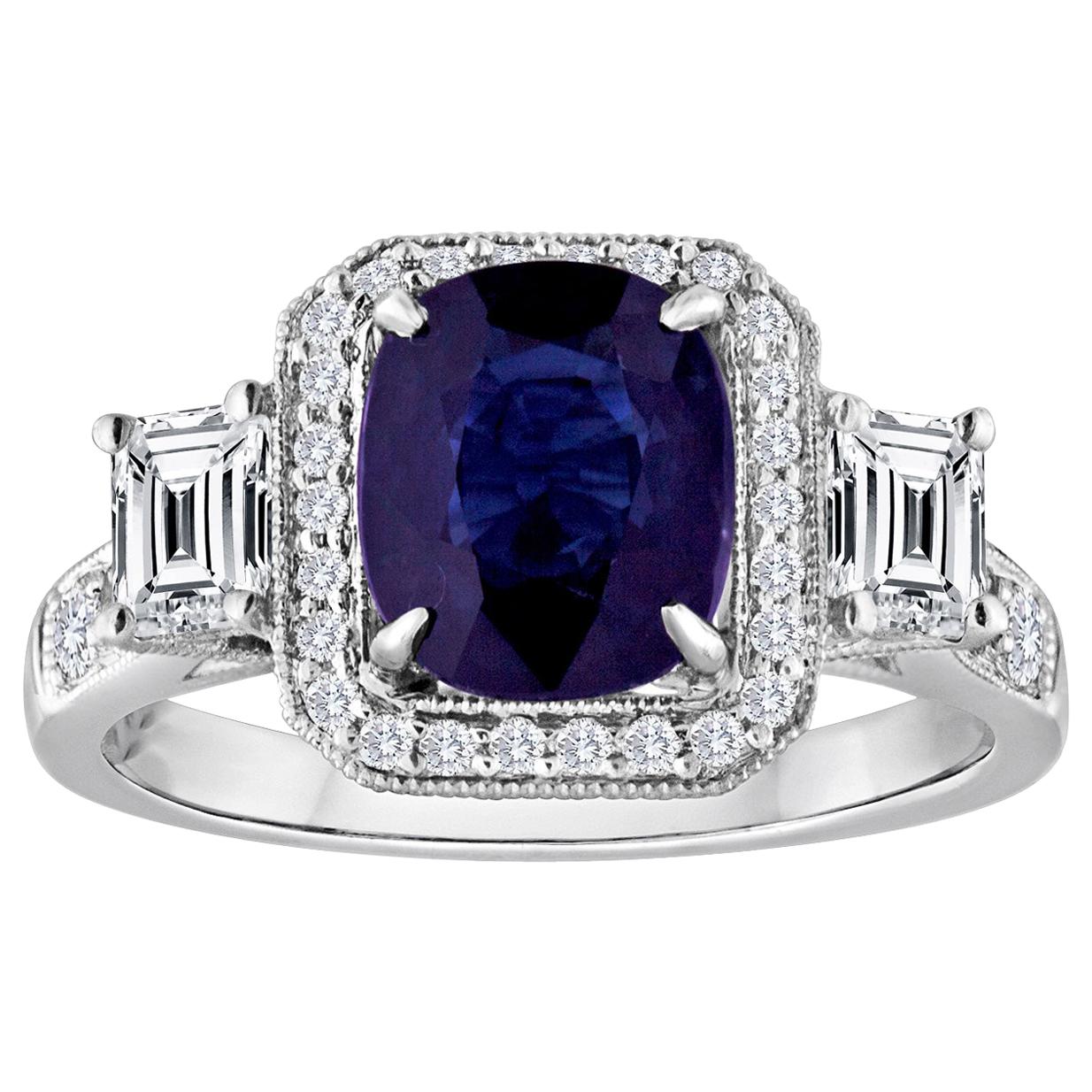 Bague en or milgrain avec saphir bleu ovale certifié sans chaleur de 2,16 carats et diamants