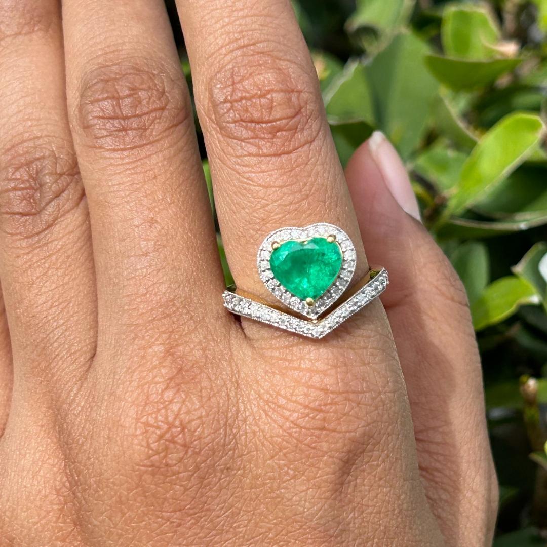 For Sale:   Heart Cut Green Emerald and Diamond Ring in 18kt Solid Yellow Gold 11