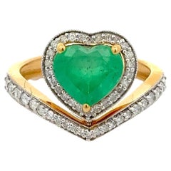  Heart Cut Green Emerald and Diamond Ring in 18kt Solid Yellow Gold