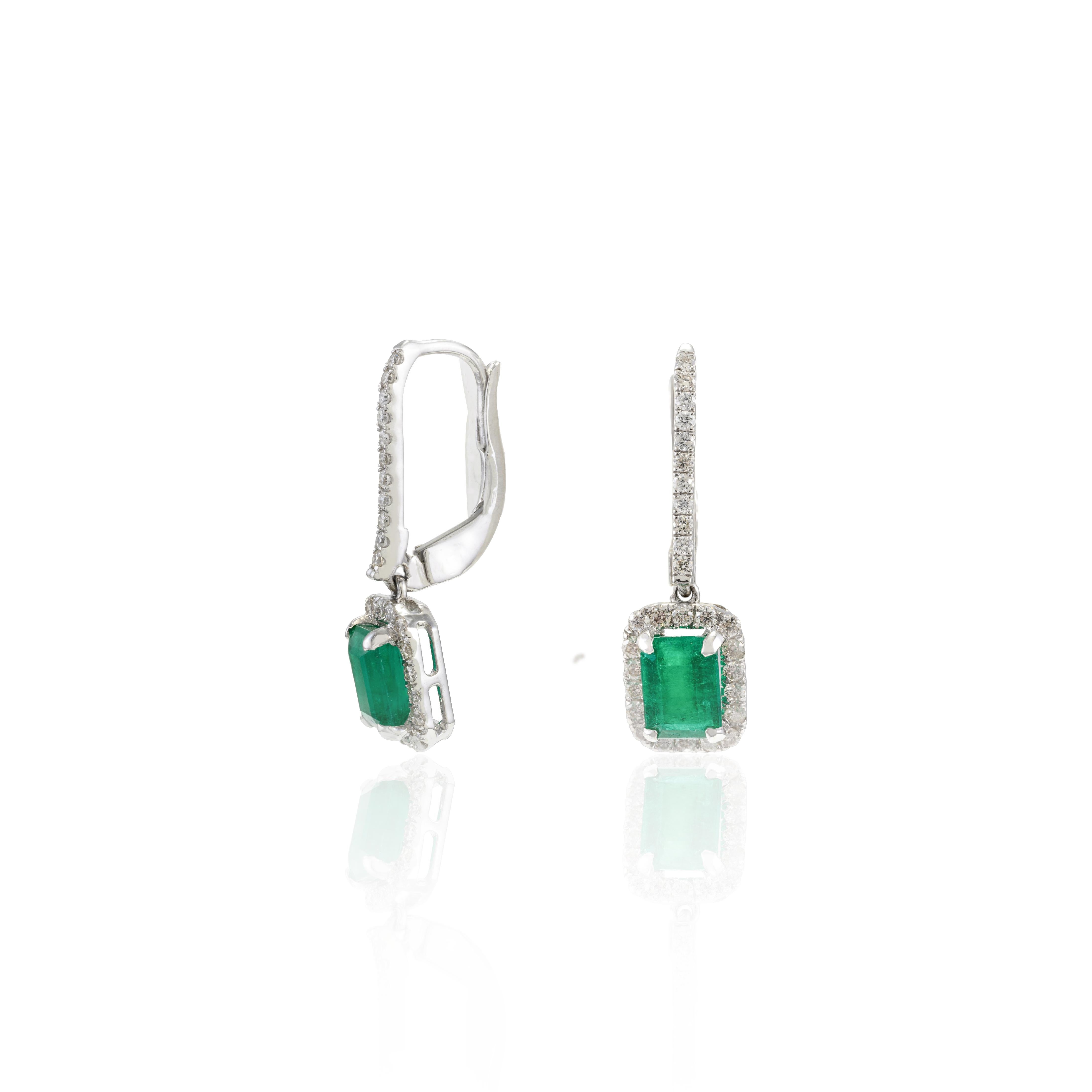 Octagon Cut Certified 2.18 Carat Green Emerald and Diamond Earrings 18k Solid White Gold For Sale