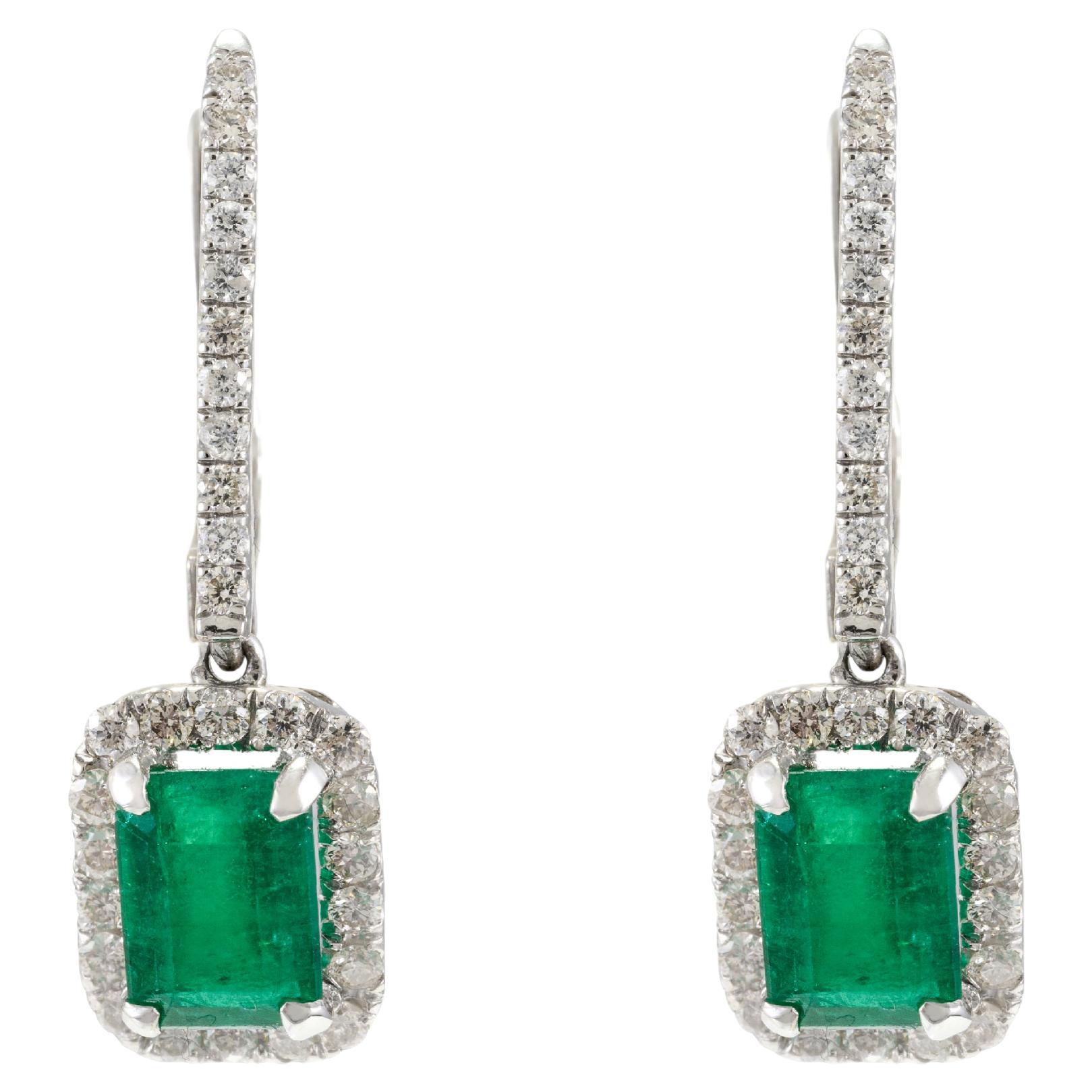 Certified 2.18 Carat Green Emerald and Diamond Earrings 18k Solid White Gold For Sale