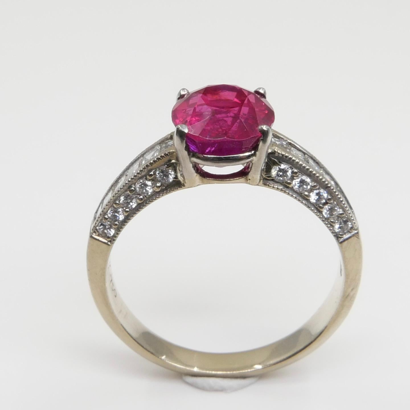 Certified 2.18 cts Burma No Heat Red Ruby & Diamond Ring. Strong Fluorescence 2