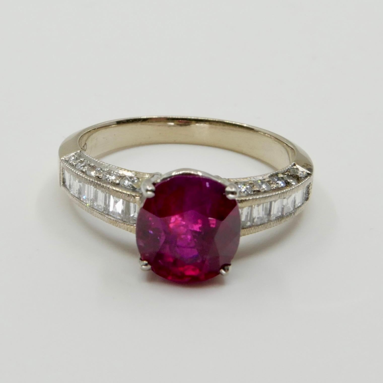 Certified 2.18 cts Burma No Heat Red Ruby & Diamond Ring. Strong Fluorescence 3