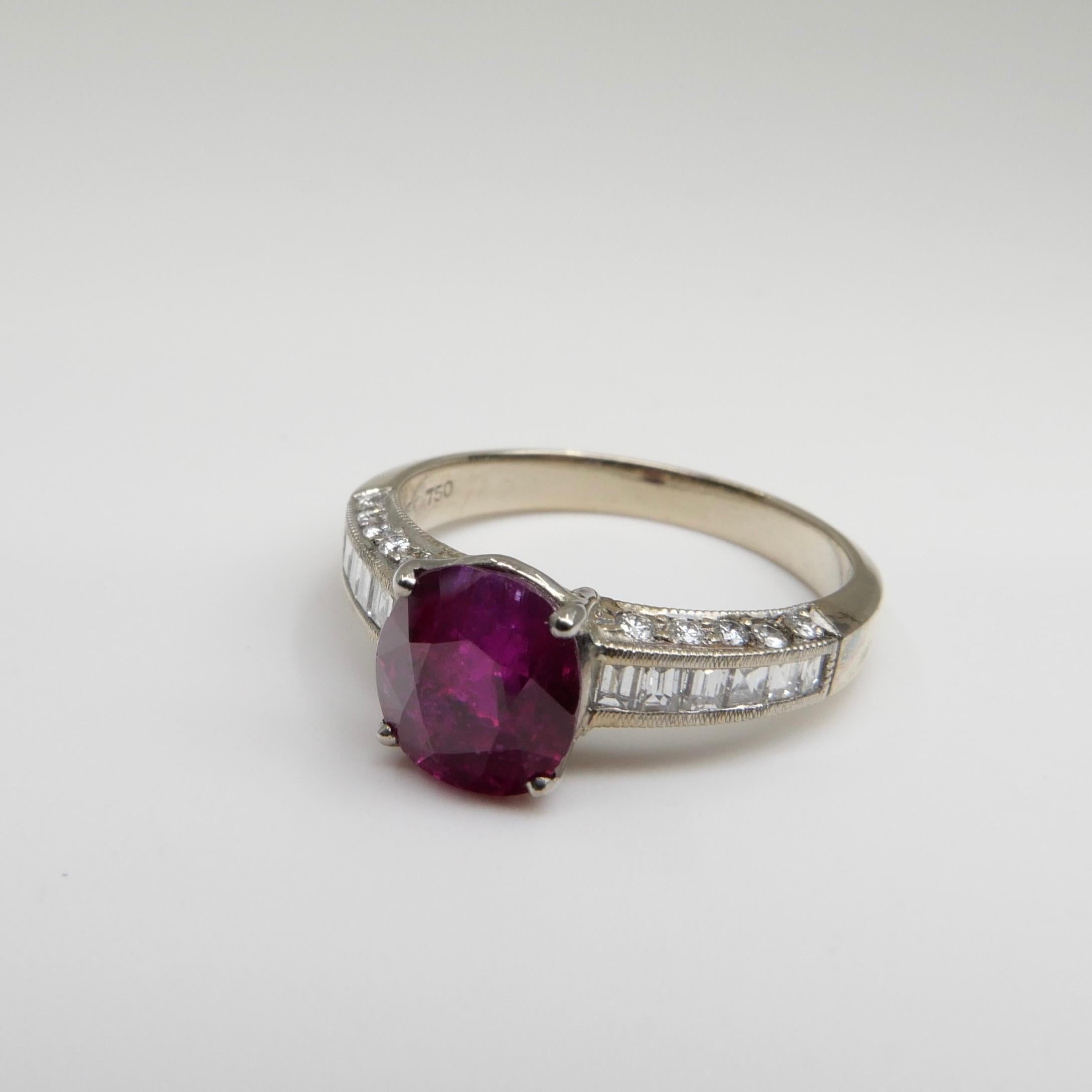 Certified 2.18 cts Burma No Heat Red Ruby & Diamond Ring. Strong Fluorescence 4