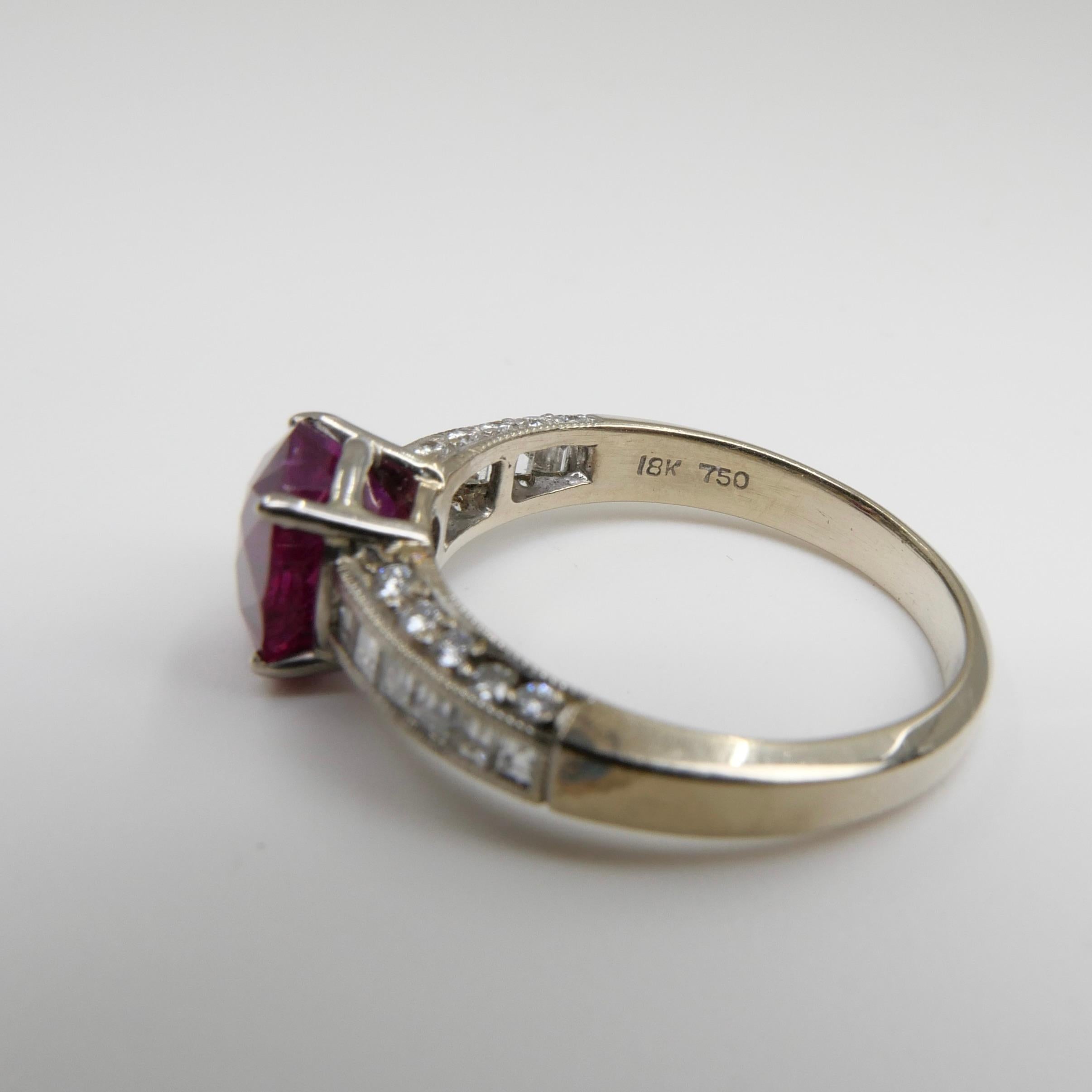 Certified 2.18 cts Burma No Heat Red Ruby & Diamond Ring. Strong Fluorescence 5