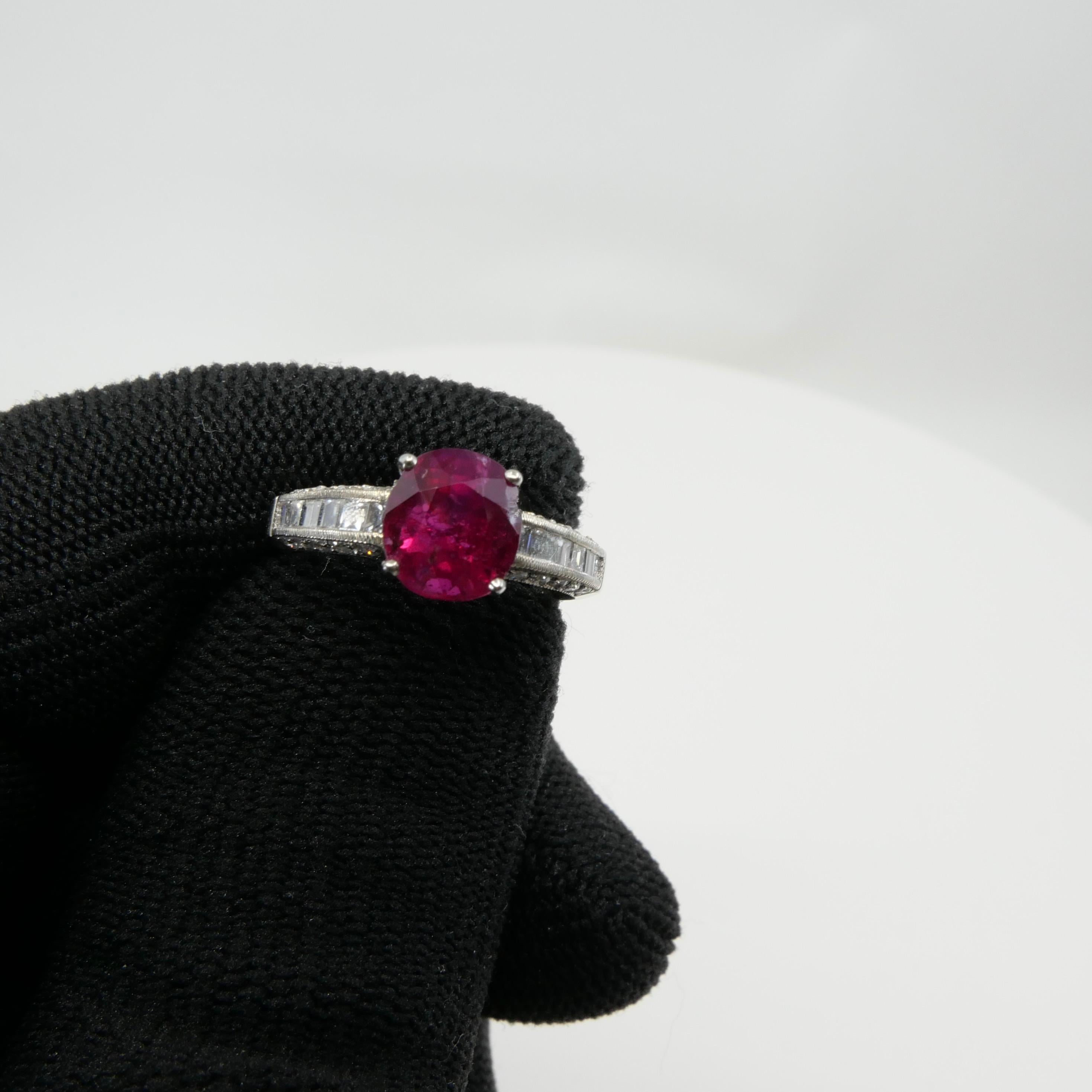 Certified 2.18 cts Burma No Heat Red Ruby & Diamond Ring. Strong Fluorescence 6