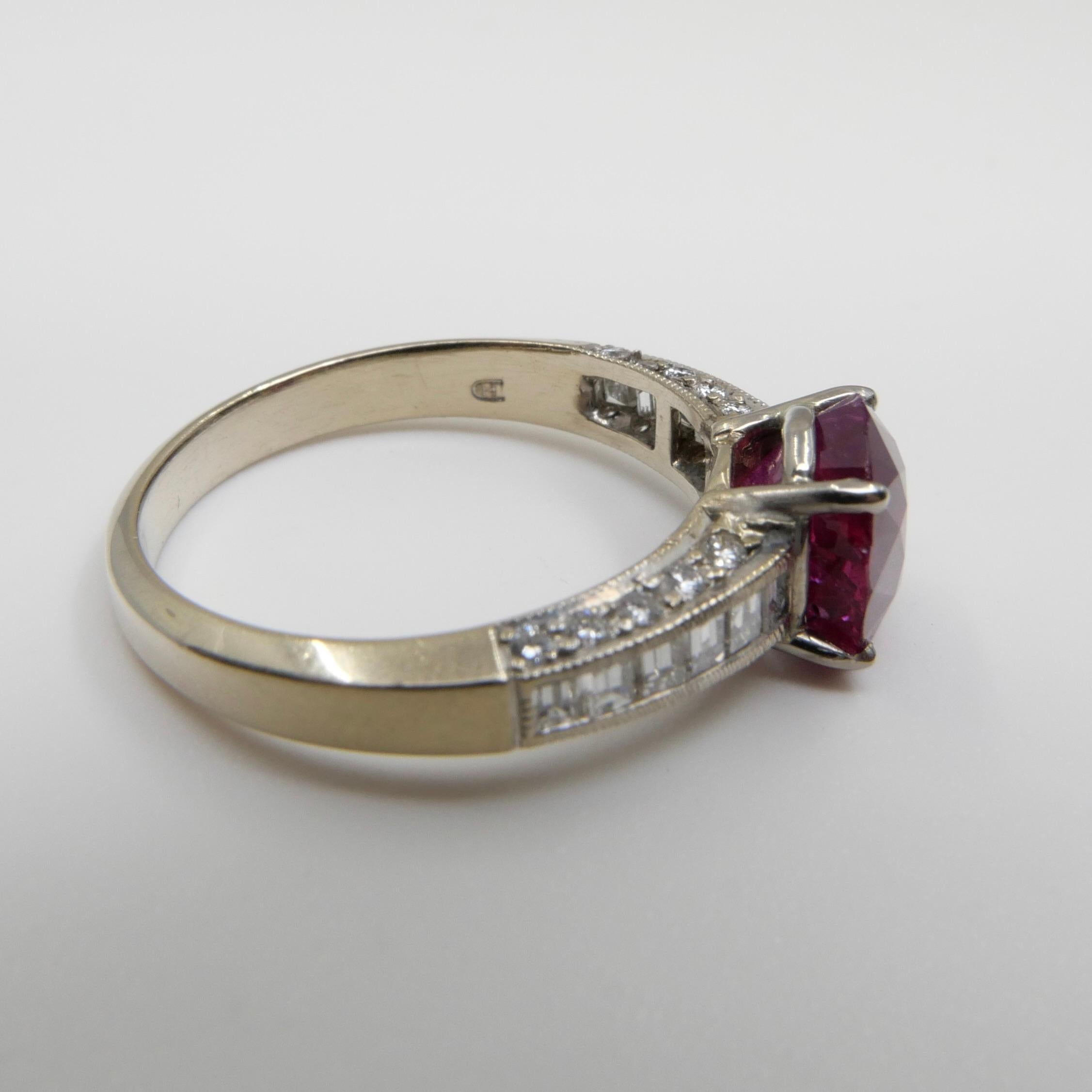 Certified 2.18 cts Burma No Heat Red Ruby & Diamond Ring. Strong Fluorescence 7