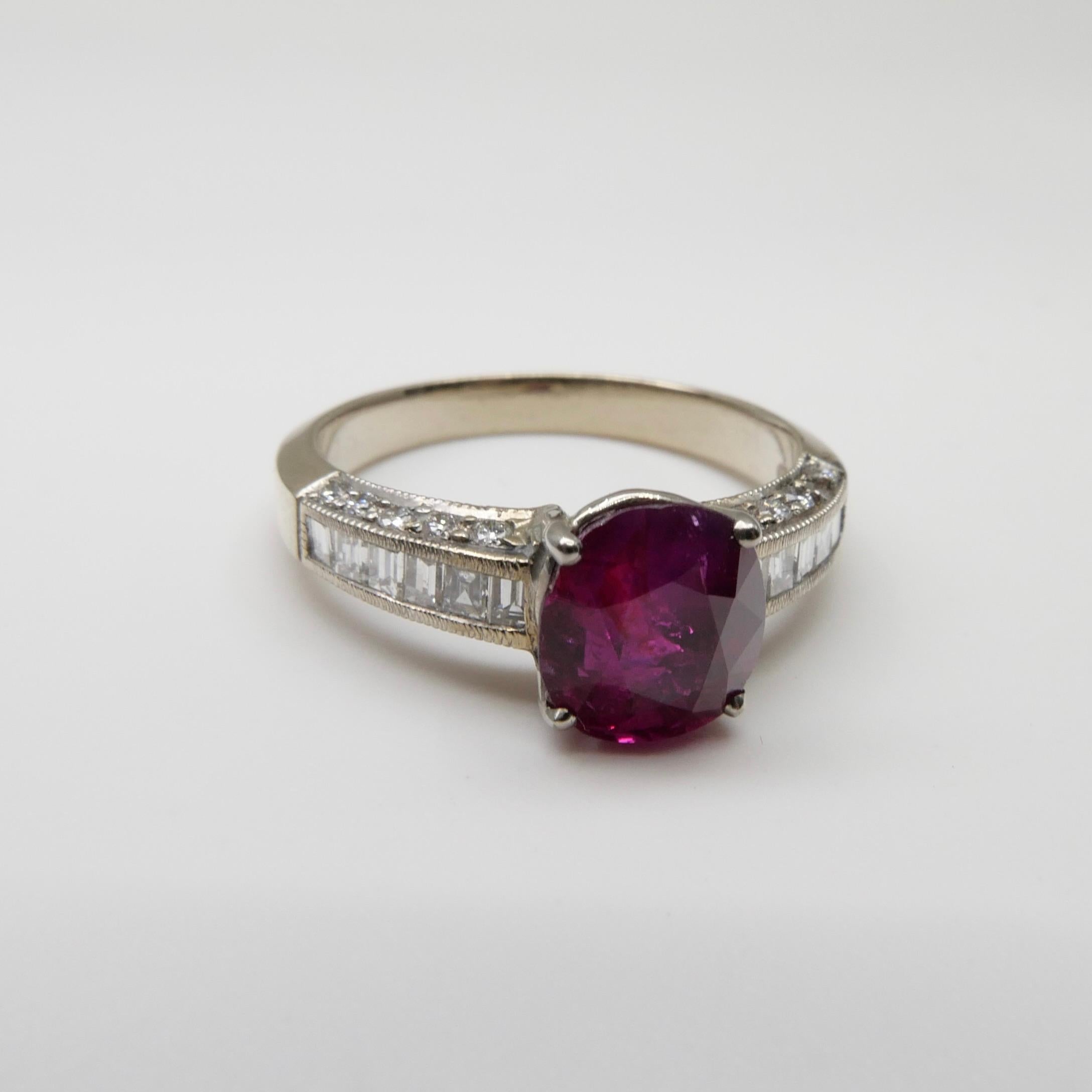 Certified 2.18 cts Burma No Heat Red Ruby & Diamond Ring. Strong Fluorescence 8