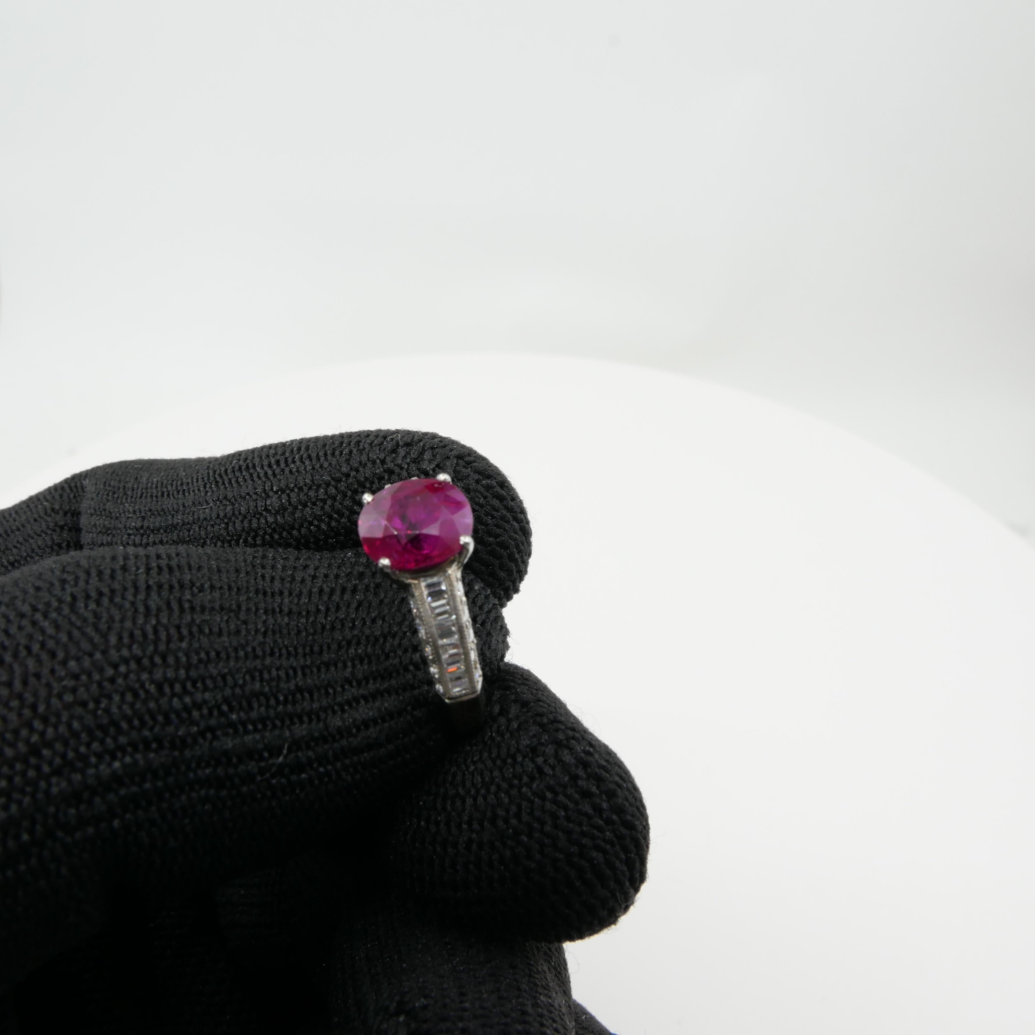 Certified 2.18 cts Burma No Heat Red Ruby & Diamond Ring. Strong Fluorescence 10