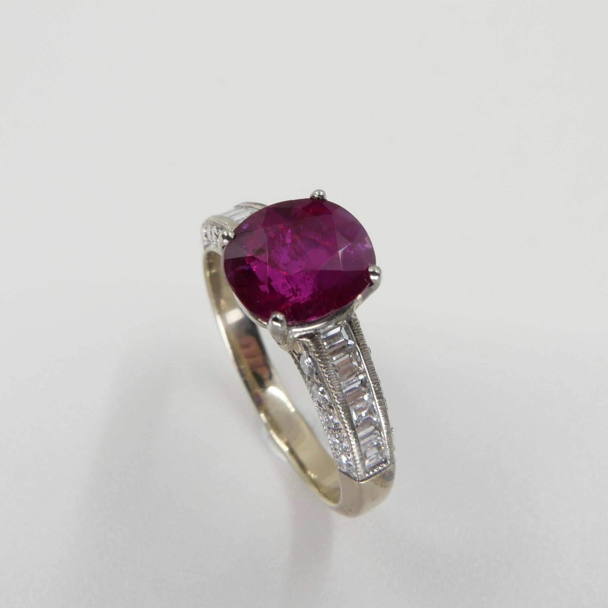 Cushion Cut Certified 2.18 cts Burma No Heat Red Ruby & Diamond Ring. Strong Fluorescence