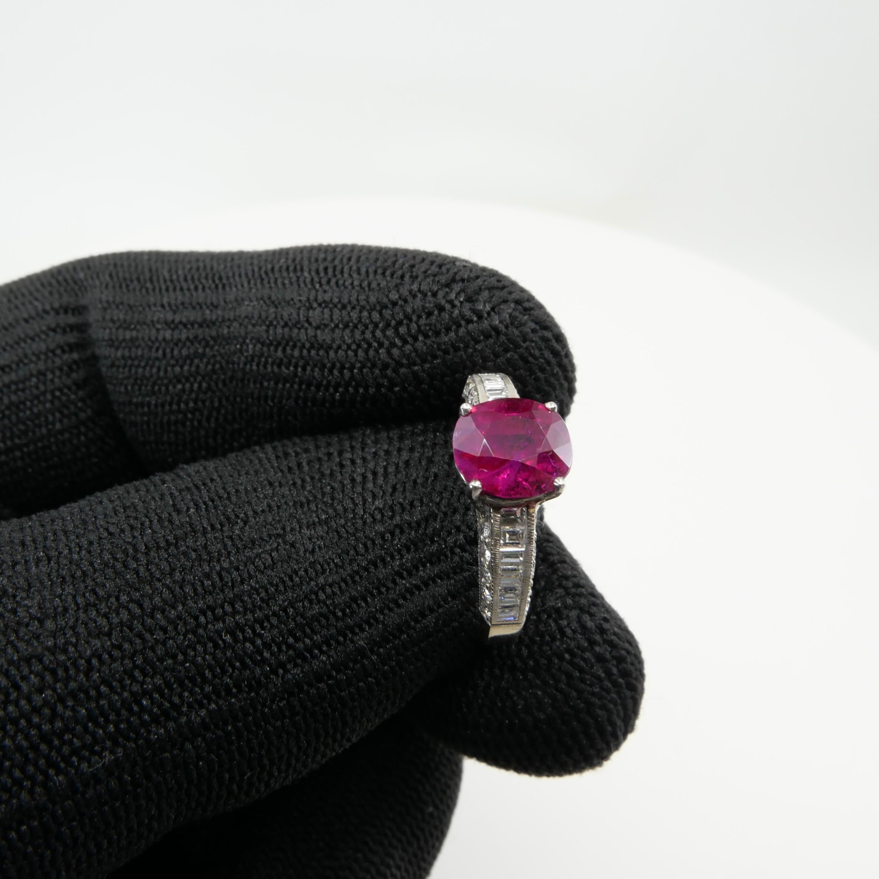 Women's Certified 2.18 cts Burma No Heat Red Ruby & Diamond Ring. Strong Fluorescence