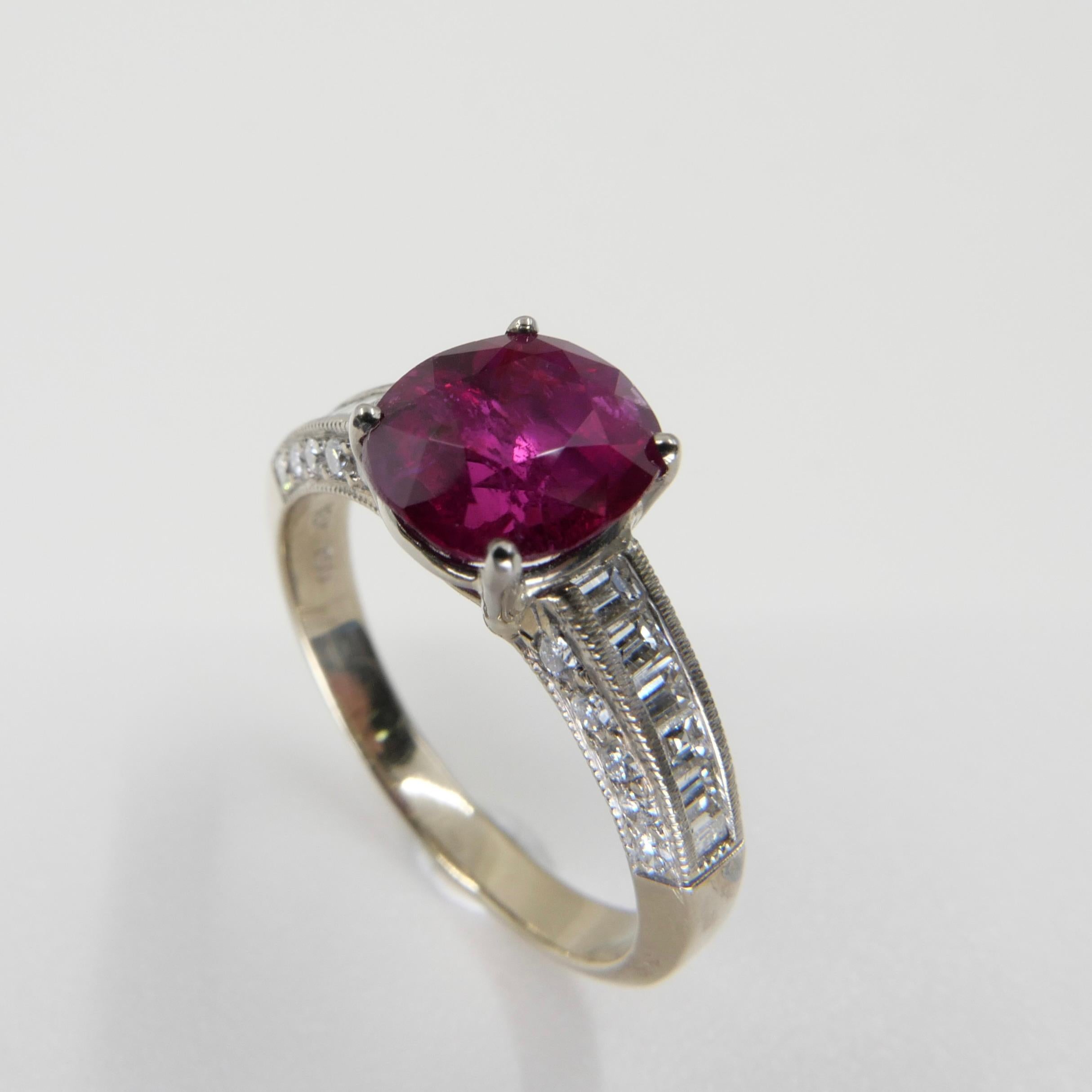 Certified 2.18 cts Burma No Heat Red Ruby & Diamond Ring. Strong Fluorescence 1