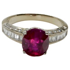 Certified 2.18 cts Burma No Heat Red Ruby & Diamond Ring. Strong Fluorescence