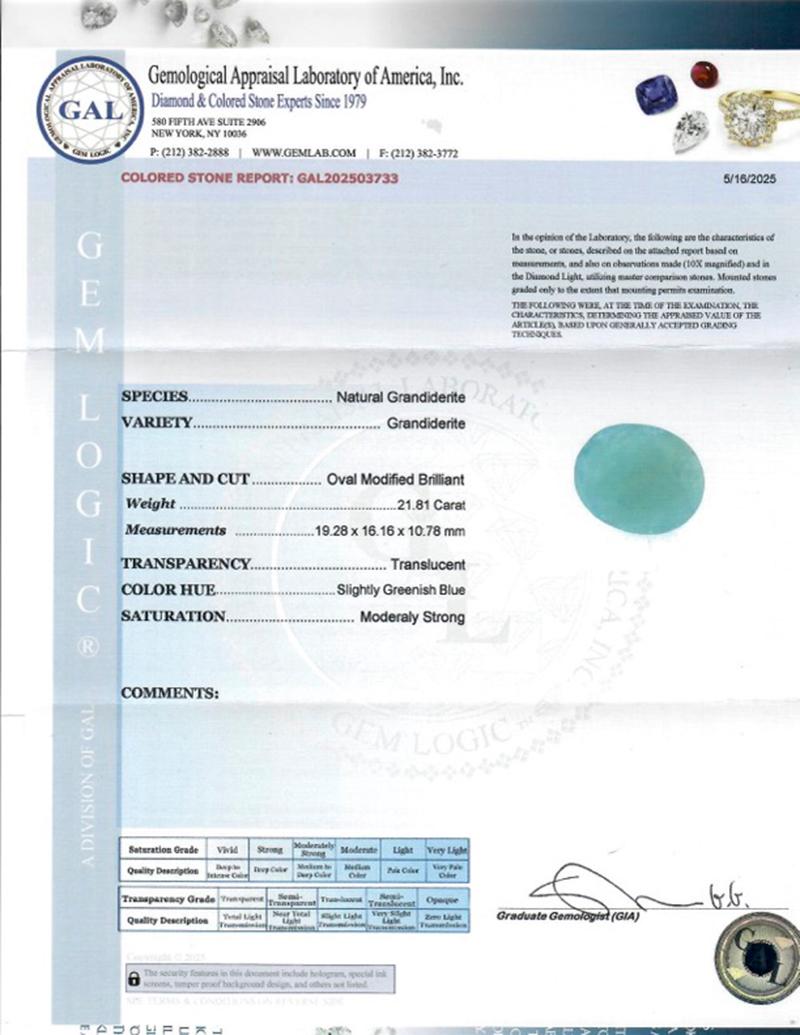 da uomo o donna Certified 21.81 Carat Natural Grandidierite Gemstone in vendita