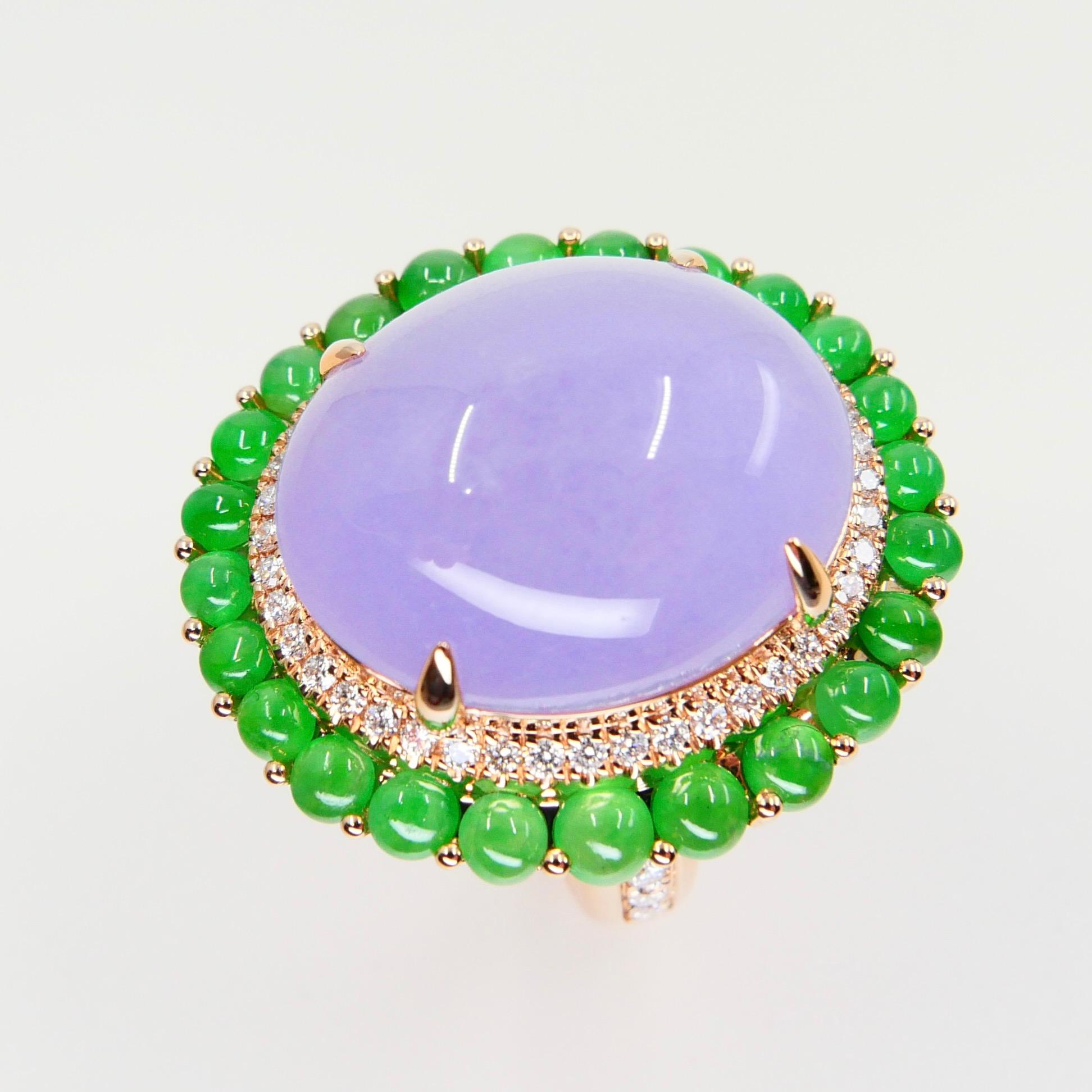 Women's Certified 22 Cts Lavender & Apple Green Jade, Diamond Cocktail Ring. Substantial For Sale