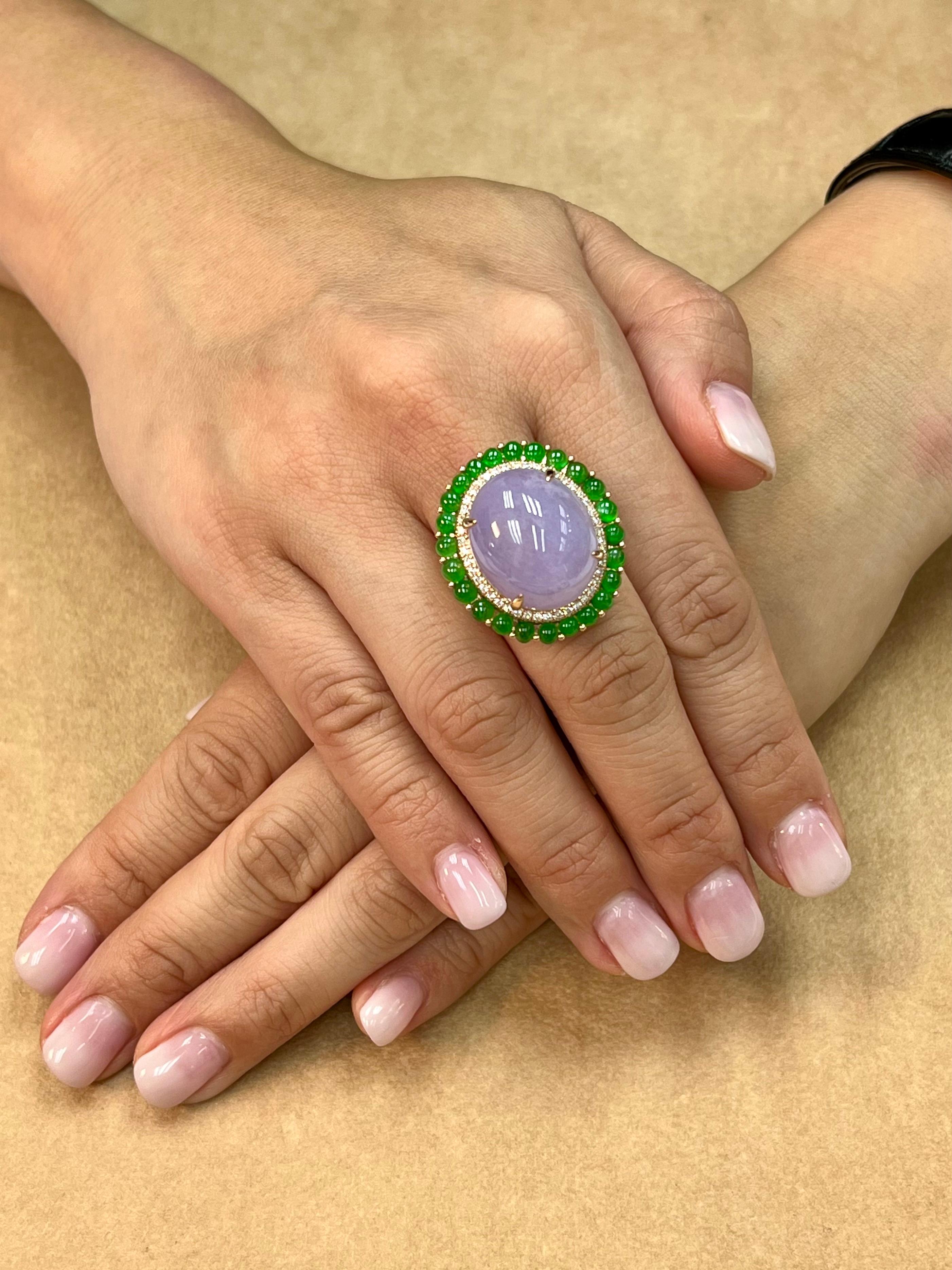 Certified 22 Cts Lavender & Apple Green Jade, Diamond Cocktail Ring. Substantial For Sale 1