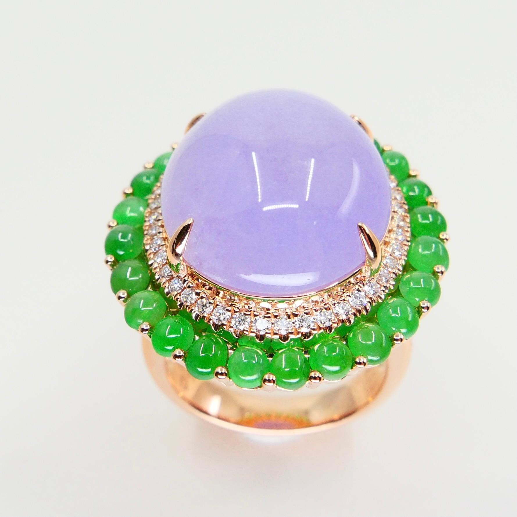 Certified 22 Cts Lavender & Apple Green Jade, Diamond Cocktail Ring. Substantial For Sale 4