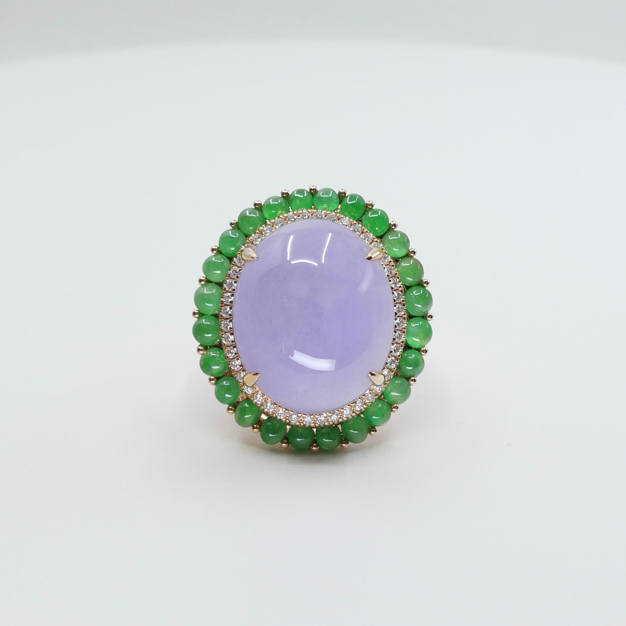 Certified 22 Cts Lavender & Apple Green Jade, Diamond Cocktail Ring. Substantial For Sale 3