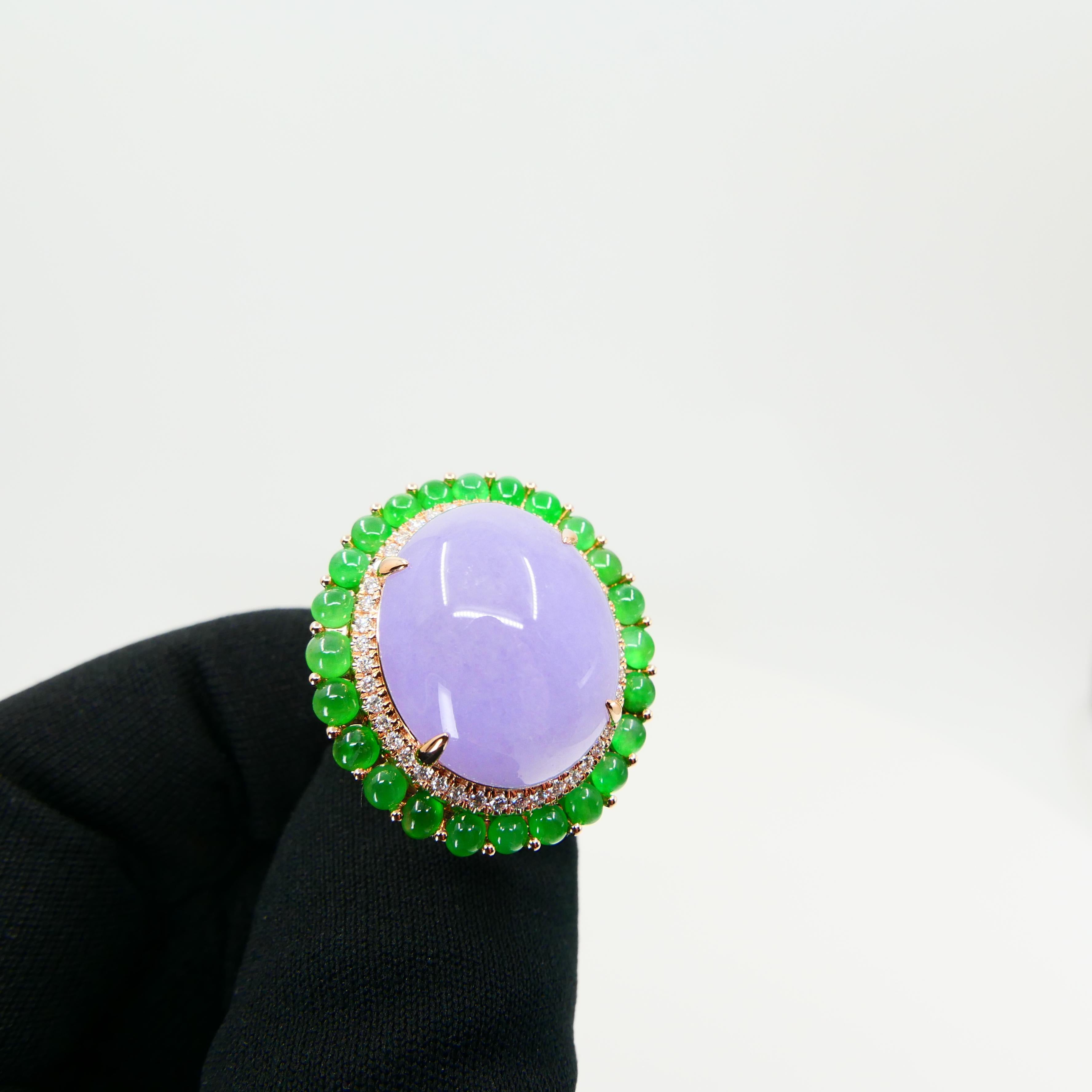 Certified 22 Cts Lavender & Apple Green Jade, Diamond Cocktail Ring. Substantial For Sale 6