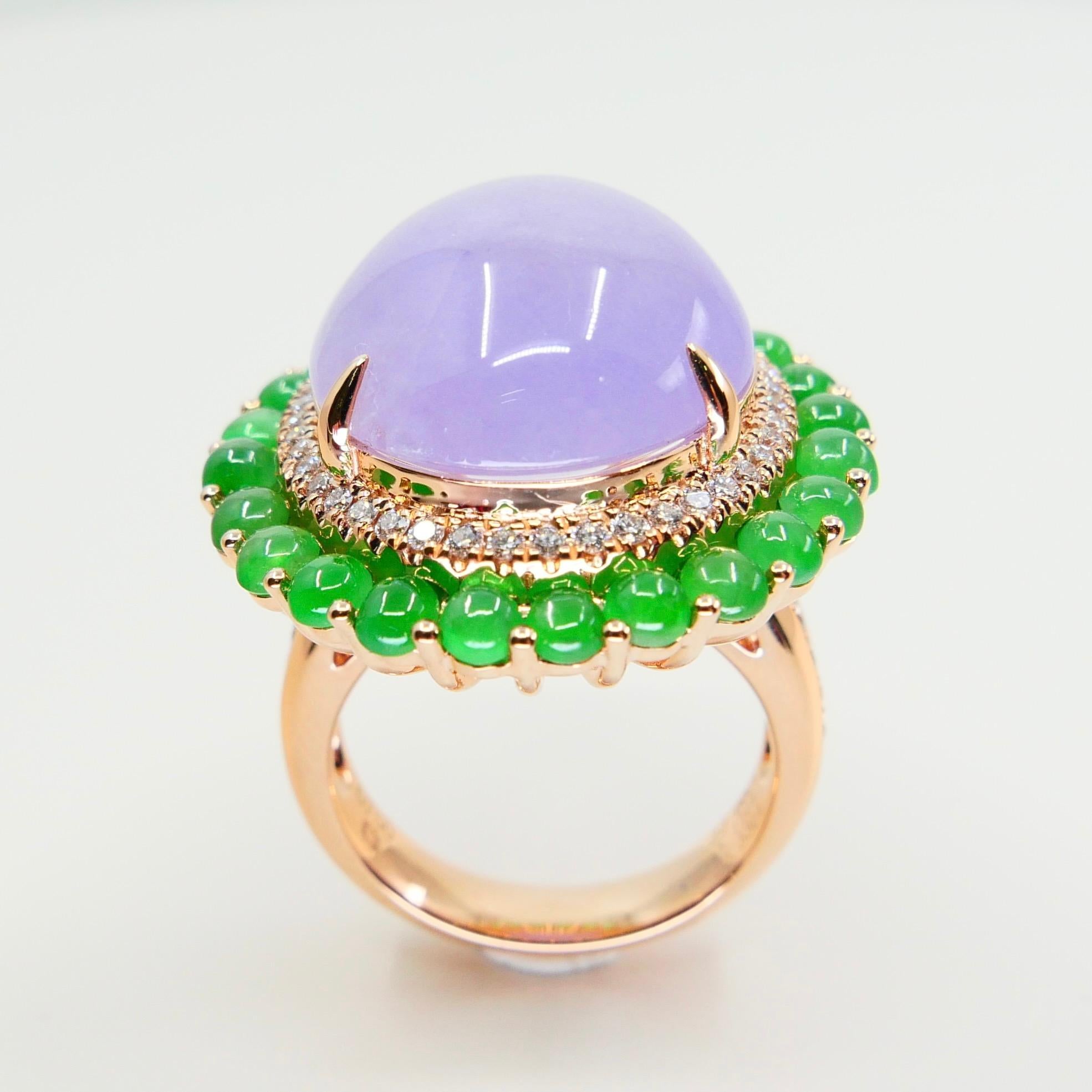 Certified 22 Cts Lavender & Apple Green Jade, Diamond Cocktail Ring. Substantial For Sale 7