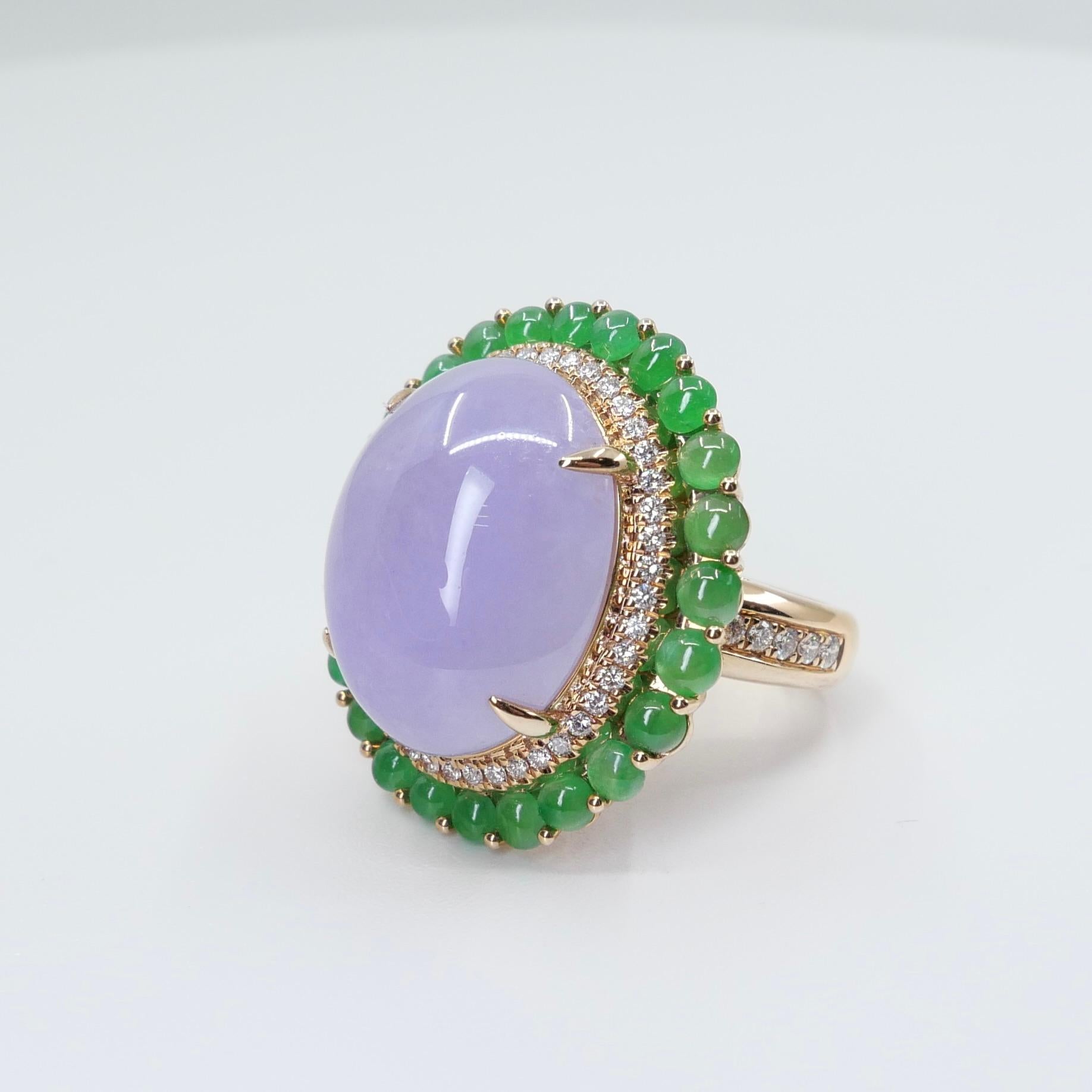 Certified 22 Cts Lavender & Apple Green Jade, Diamond Cocktail Ring. Substantial For Sale 5